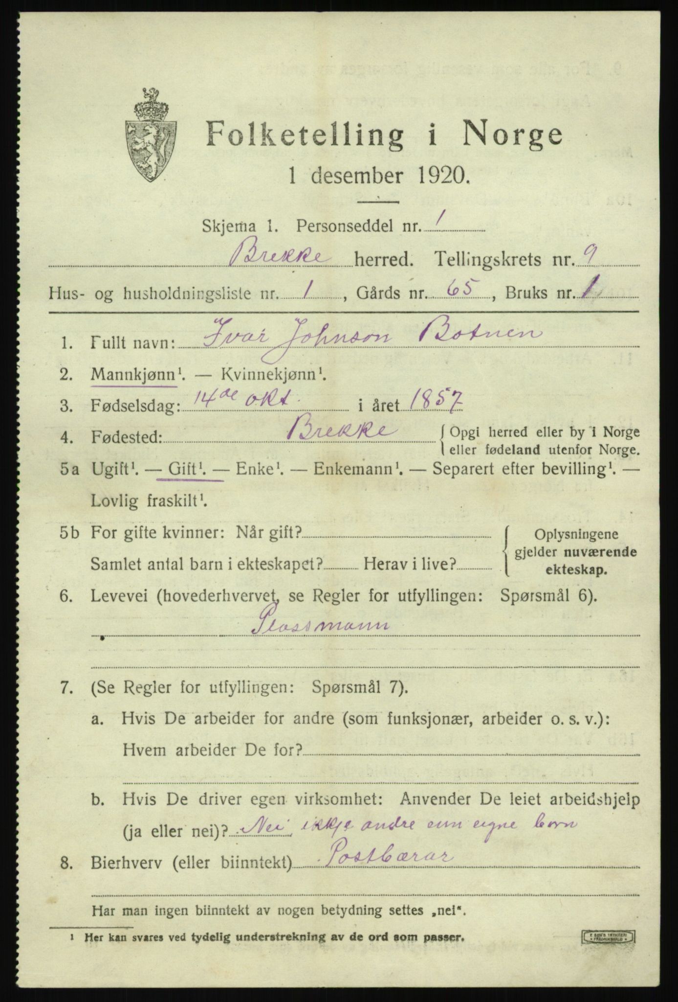 SAB, 1920 census for Brekke, 1920, p. 1948