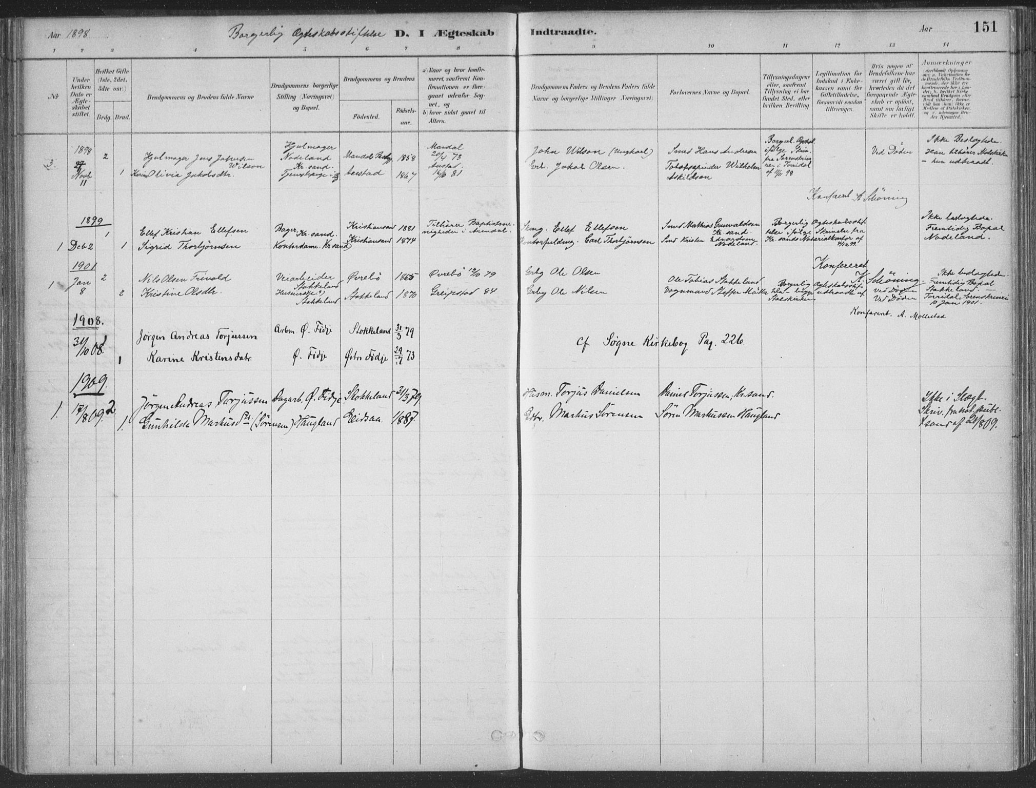 Søgne sokneprestkontor, SAK/1111-0037/F/Fa/Faa/L0003: Parish register (official) no. A 3, 1883-1910, p. 151