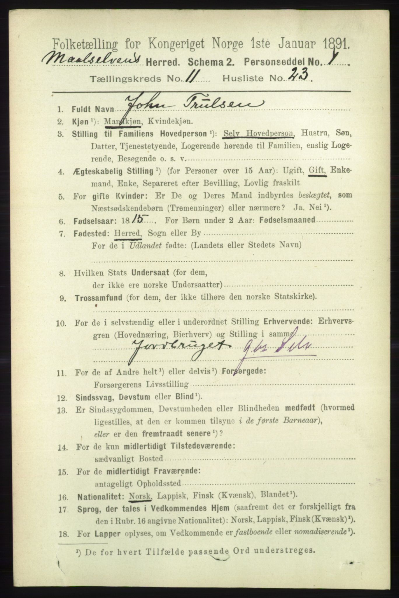 RA, 1891 census for 1924 Målselv, 1891, p. 3422