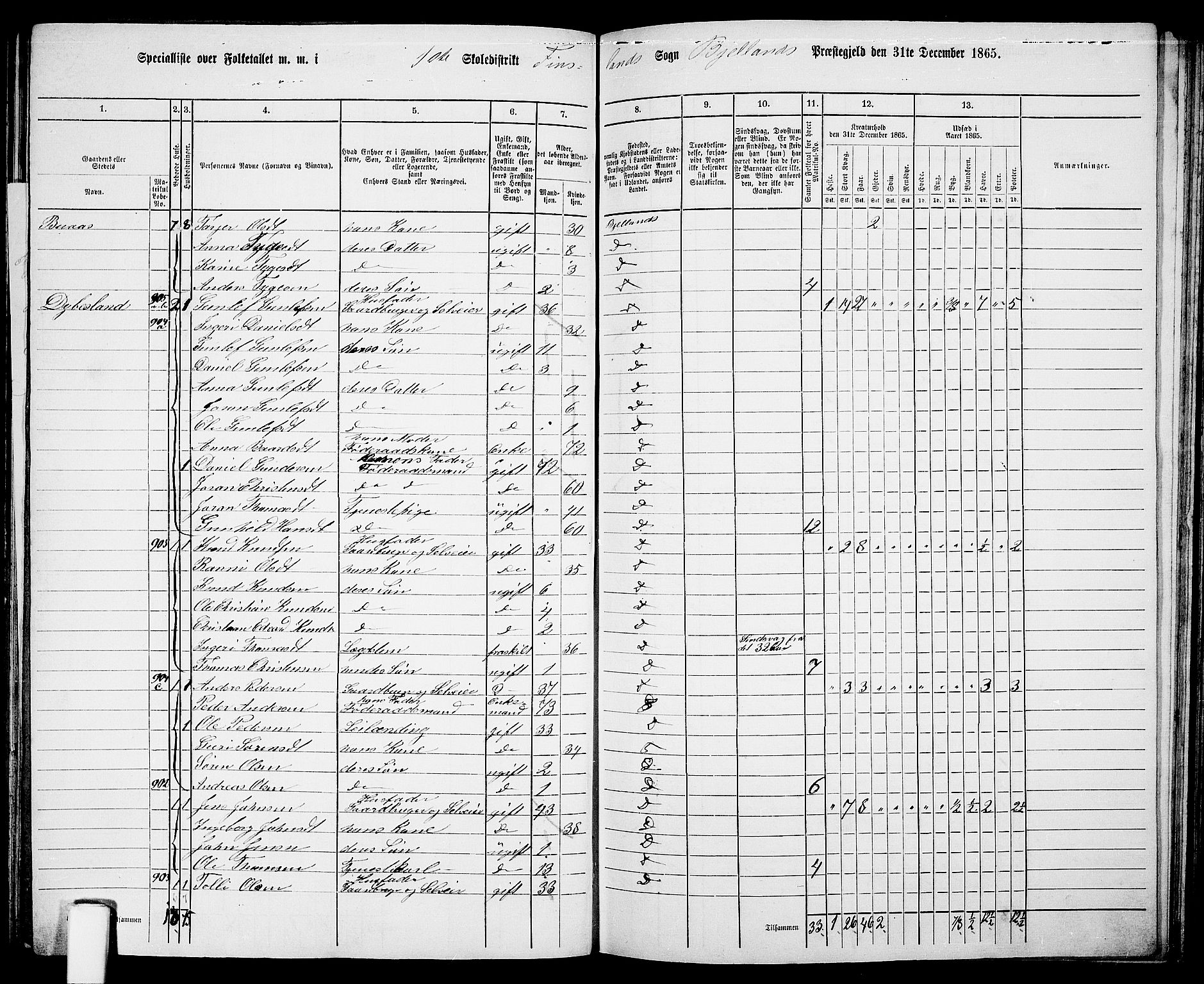 RA, 1865 census for Bjelland, 1865, p. 13