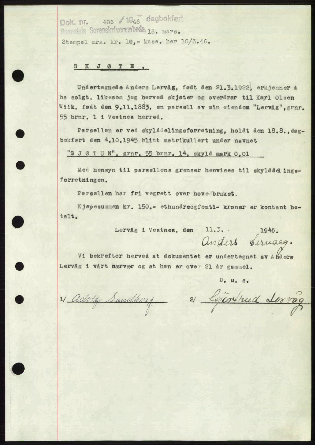 Romsdal sorenskriveri, SAT/A-4149/1/2/2C: Mortgage book no. A19, 1946-1946, Diary no: : 406/1946
