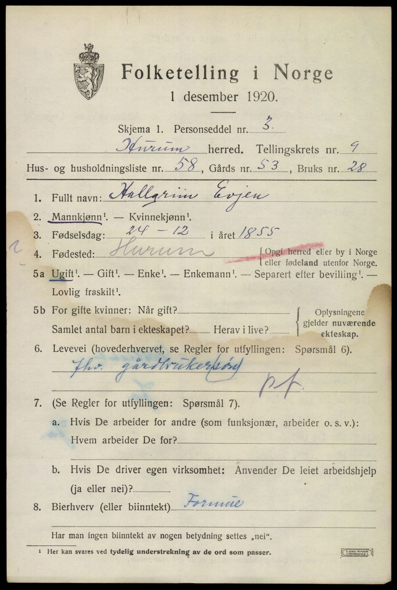 SAKO, 1920 census for Hurum, 1920, p. 12640