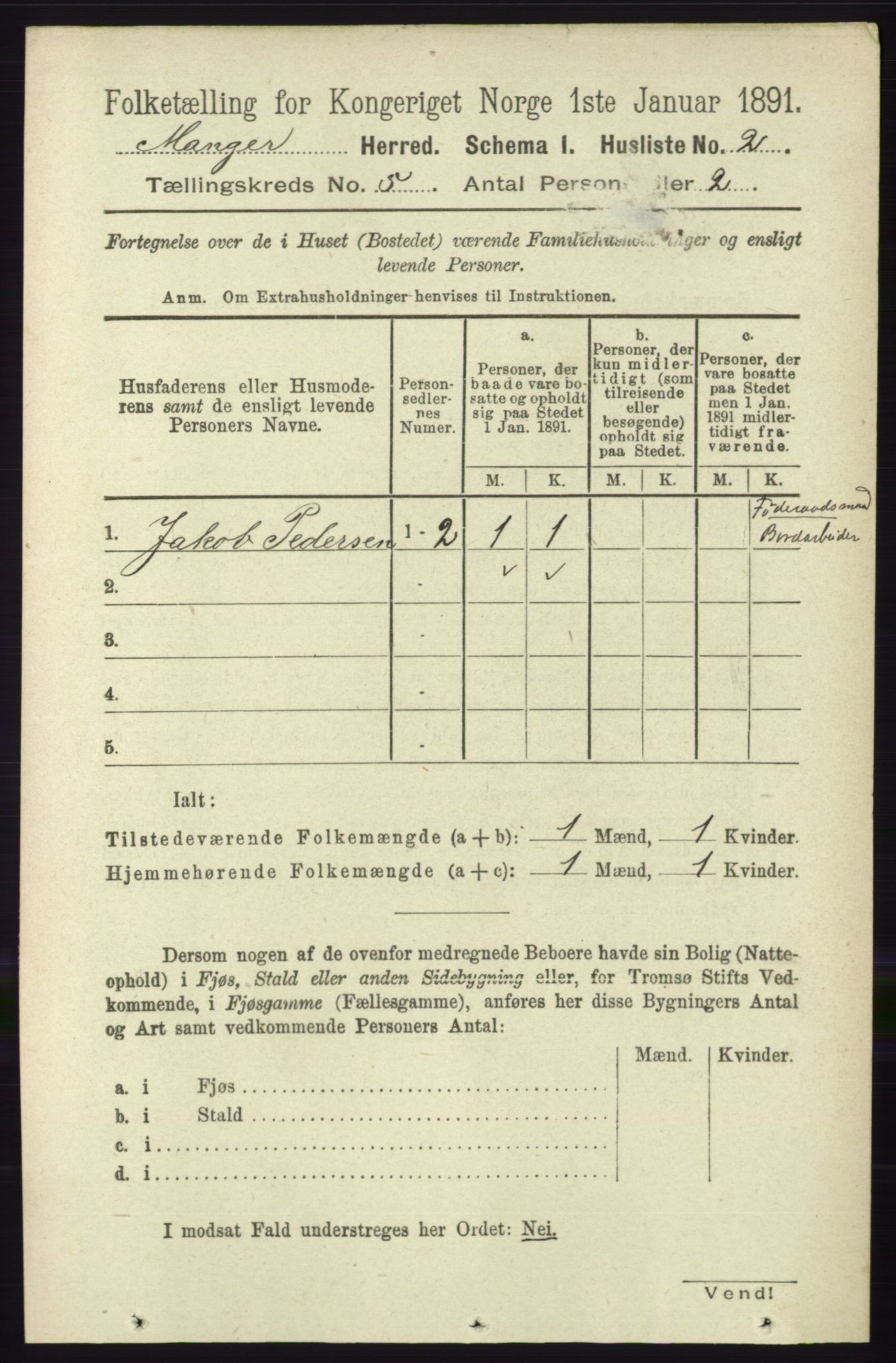 RA, 1891 census for 1261 Manger, 1891, p. 2543