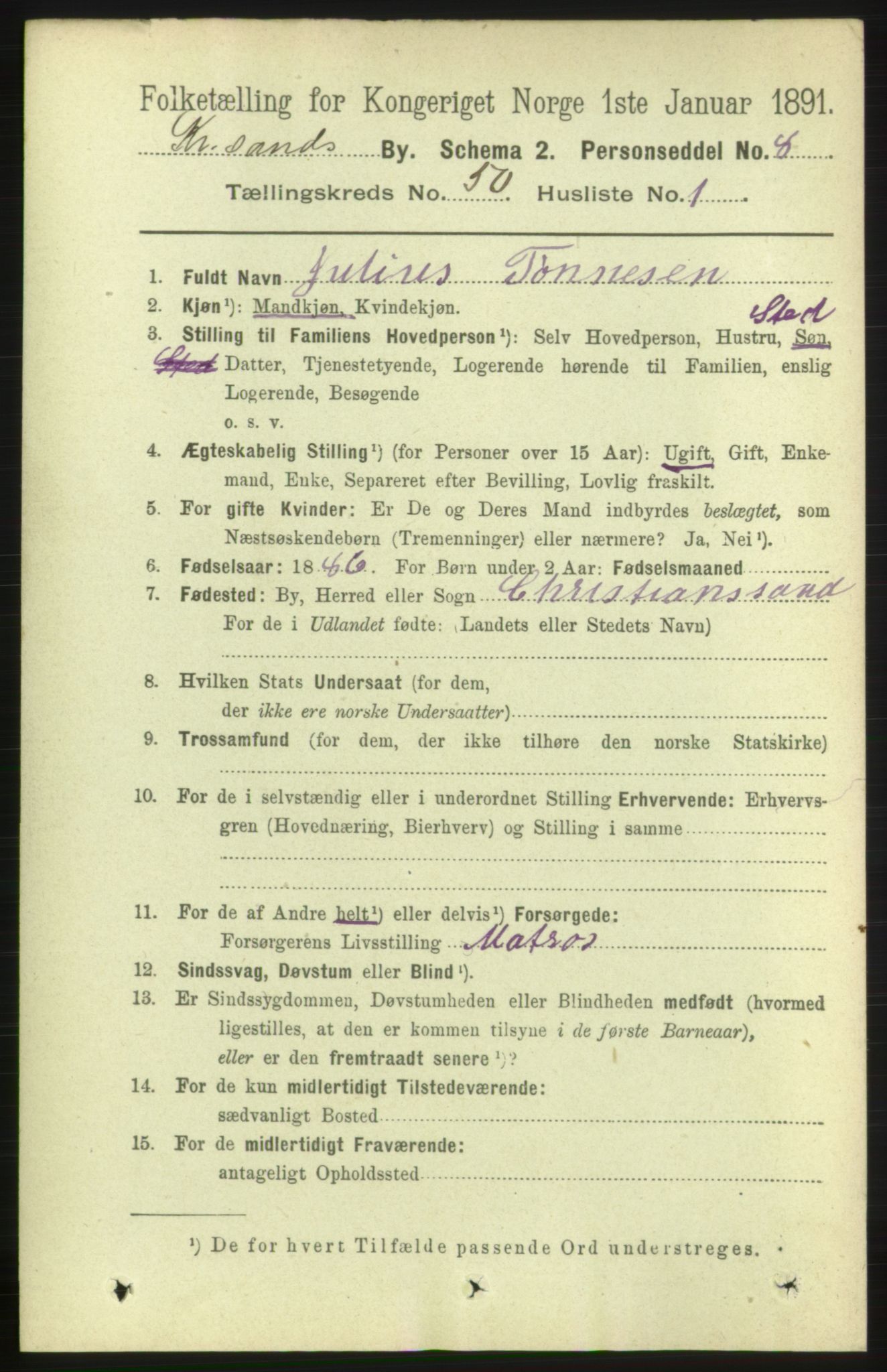 RA, 1891 census for 1001 Kristiansand, 1891, p. 14893