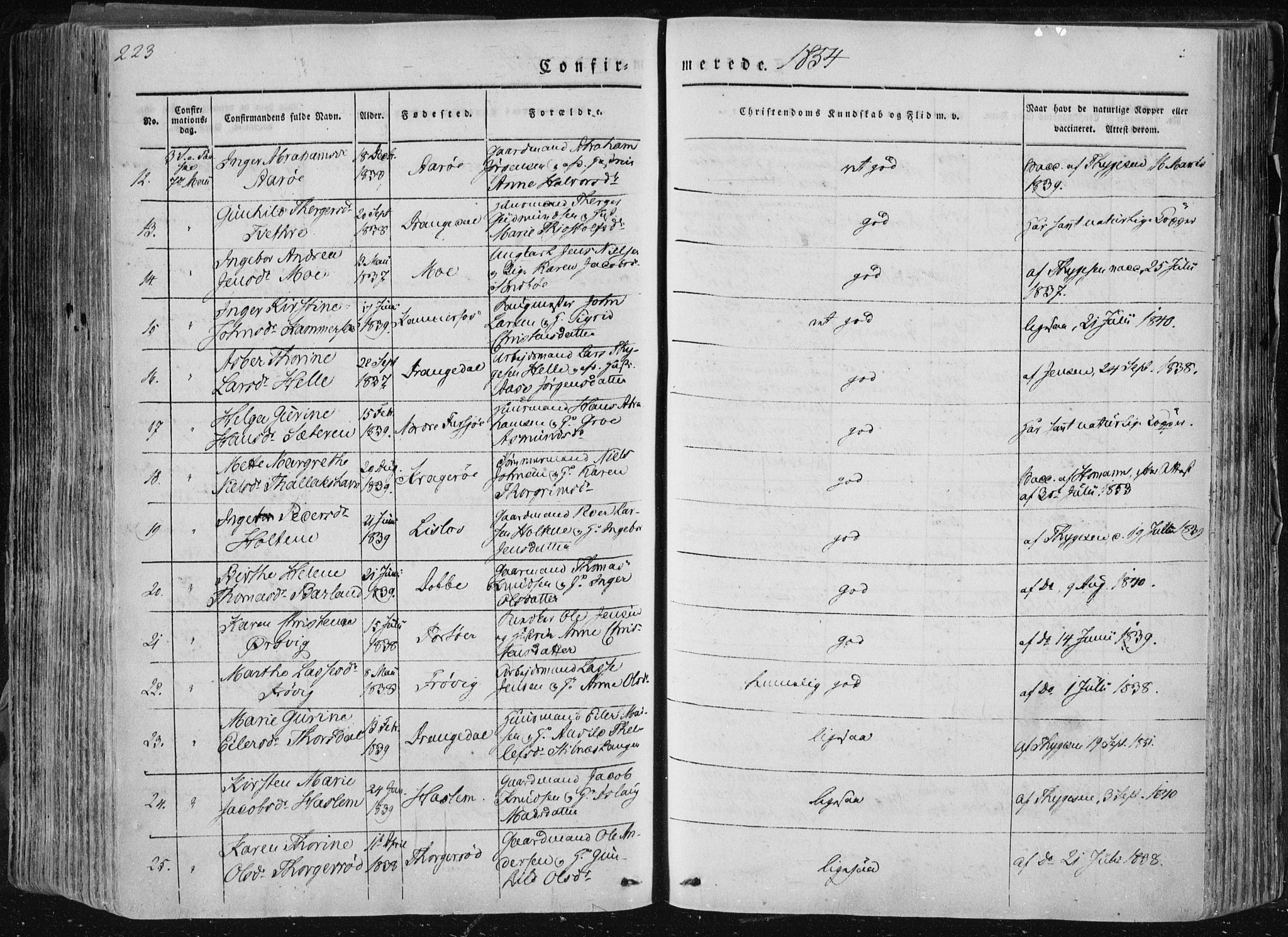 Sannidal kirkebøker, AV/SAKO-A-296/F/Fa/L0007: Parish register (official) no. 7, 1831-1854, p. 223