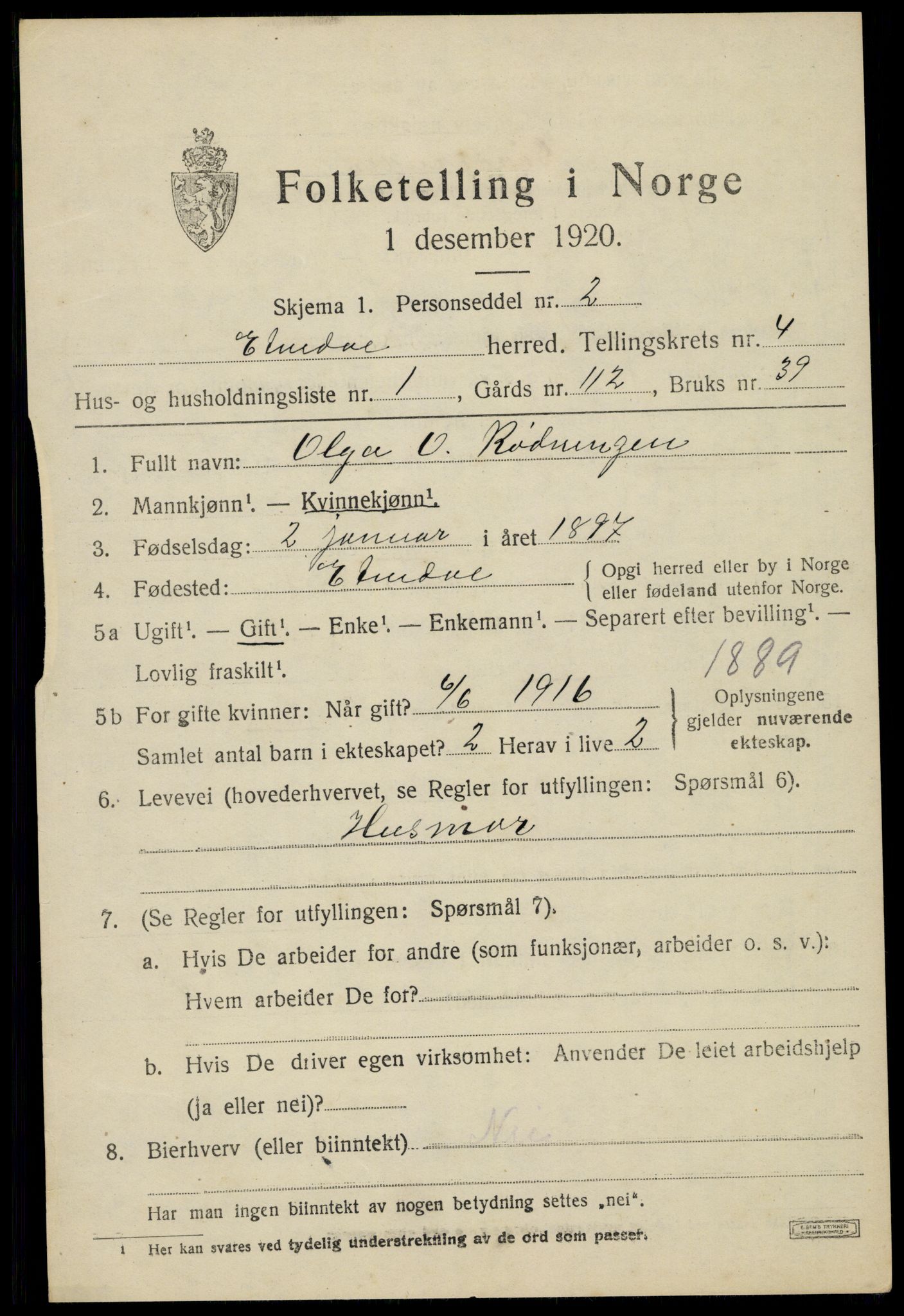 SAH, 1920 census for Etnedal, 1920, p. 1484