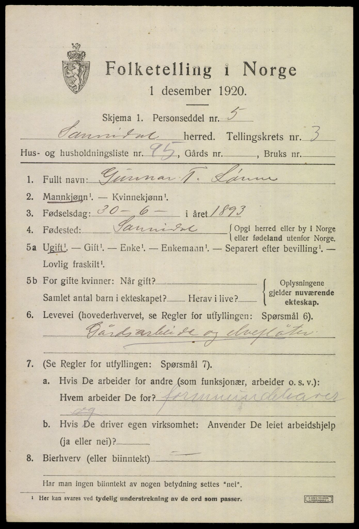 SAKO, 1920 census for Sannidal, 1920, p. 3317