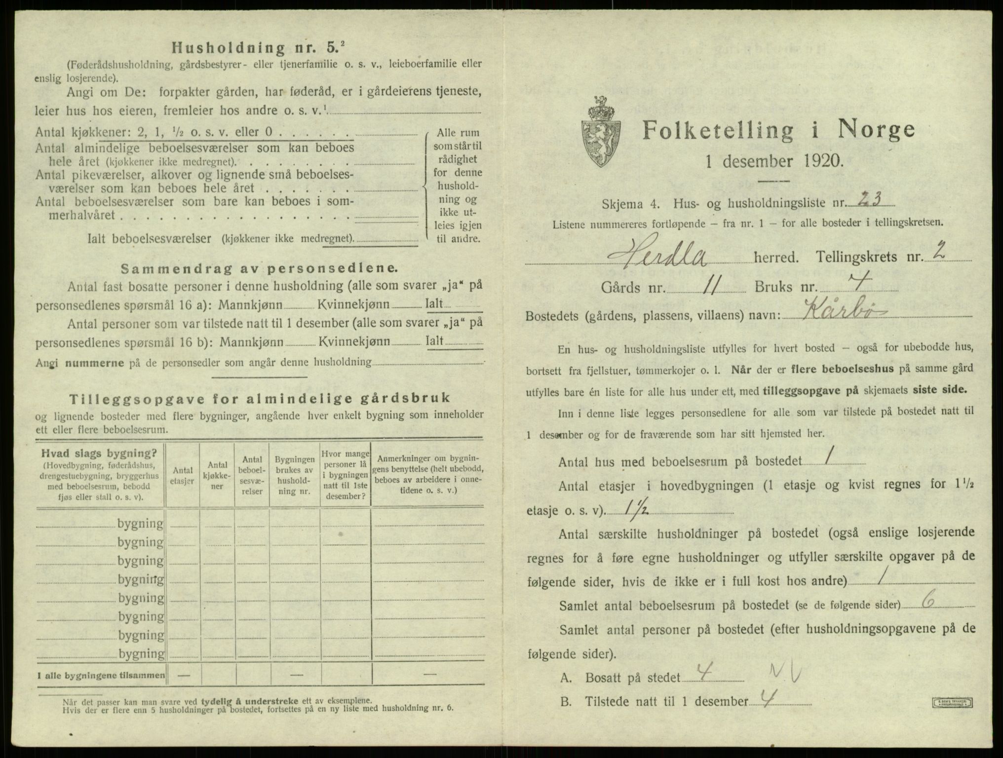 SAB, 1920 census for Herdla, 1920, p. 267