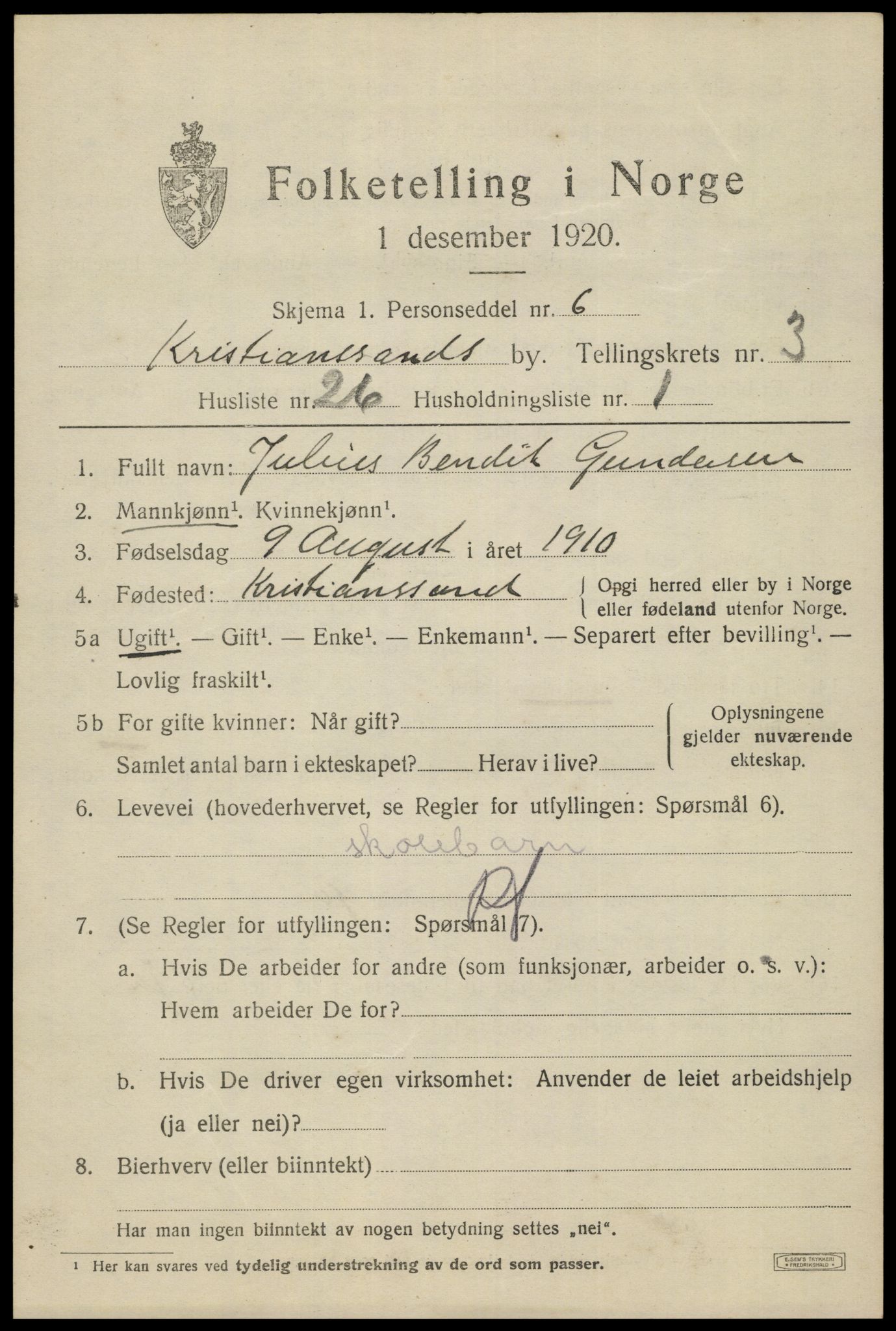 SAK, 1920 census for Kristiansand, 1920, p. 14349