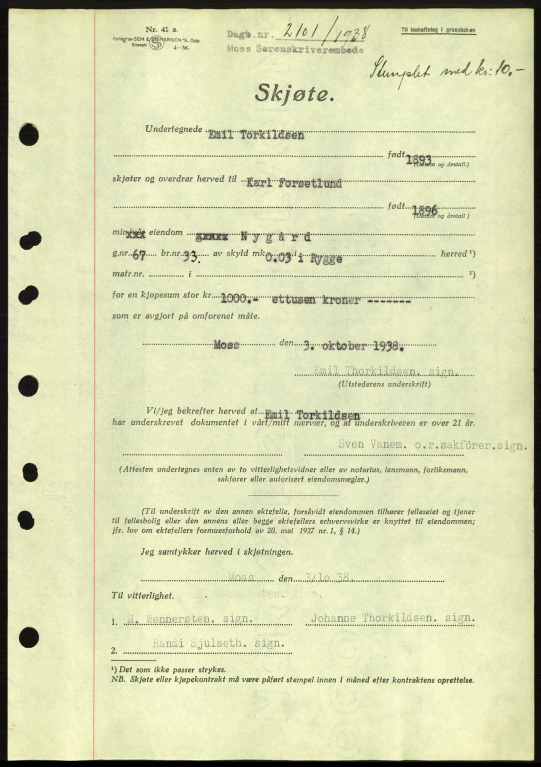Moss sorenskriveri, SAO/A-10168: Mortgage book no. A5, 1938-1939, Diary no: : 2101/1938