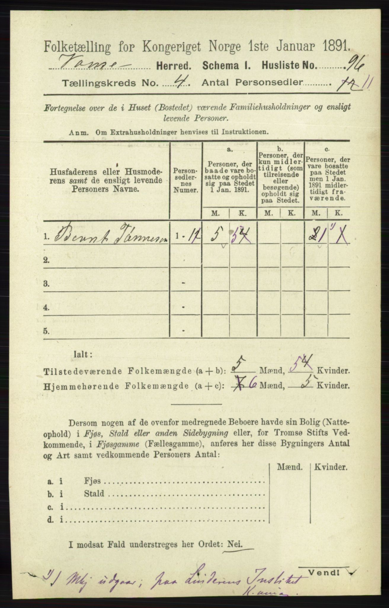 RA, 1891 census for 1041 Vanse, 1891, p. 2135