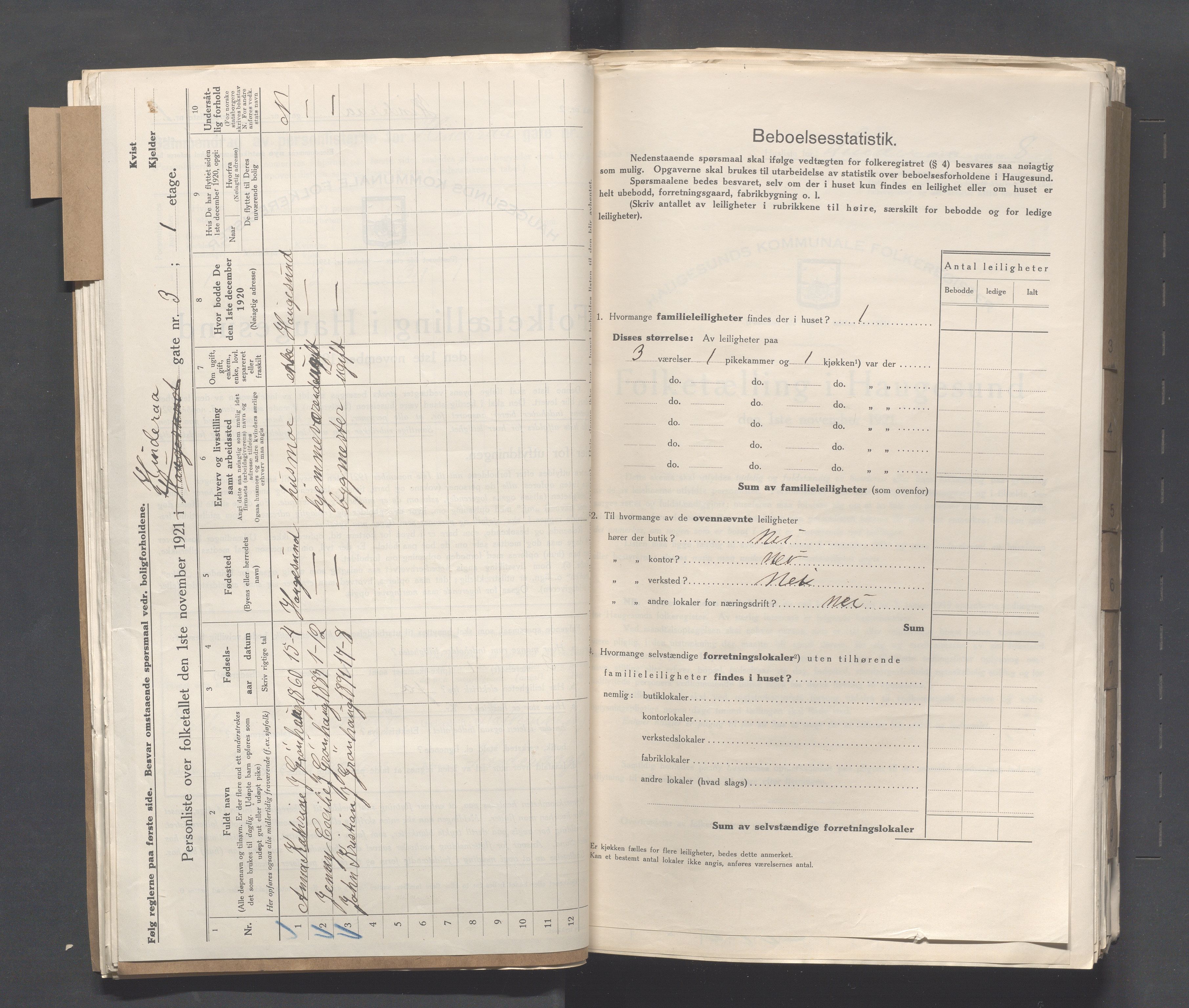 IKAR, Local census 1.11.1921 for Haugesund, 1921, p. 2287