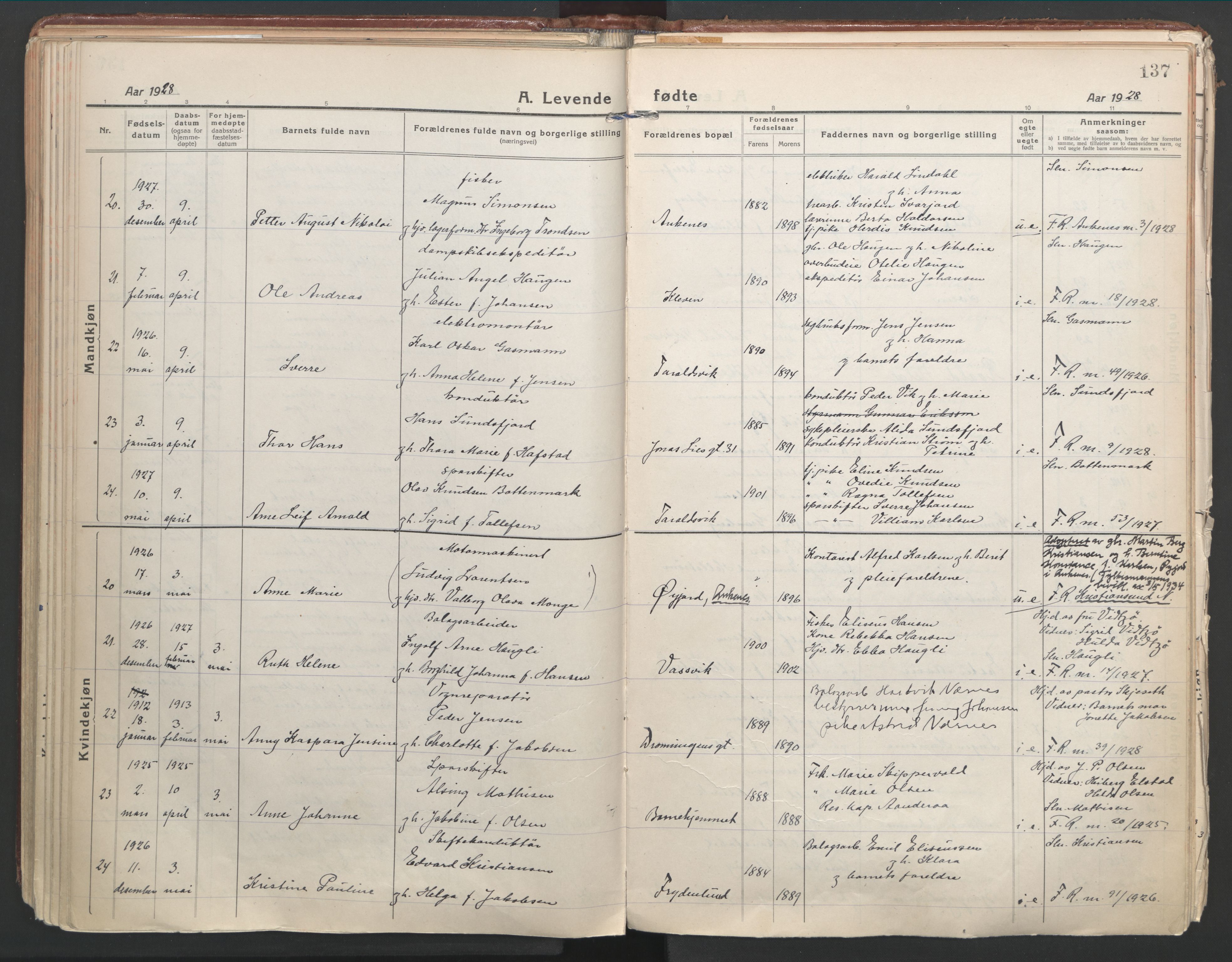 Ministerialprotokoller, klokkerbøker og fødselsregistre - Nordland, SAT/A-1459/871/L1003: Parish register (official) no. 871A19, 1921-1930, p. 137