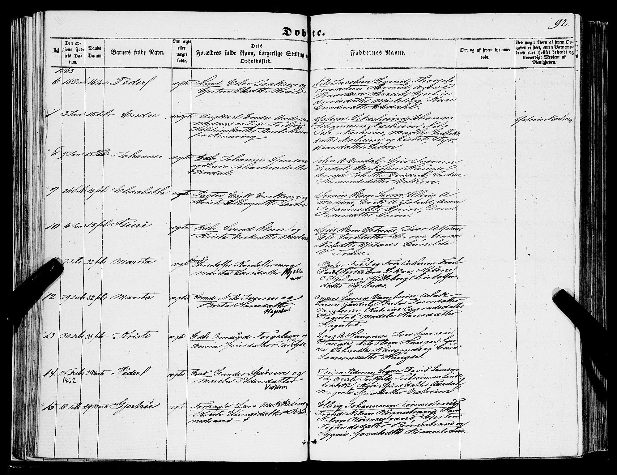 Ulvik sokneprestembete, SAB/A-78801/H/Haa: Parish register (official) no. A 13, 1853-1863, p. 92