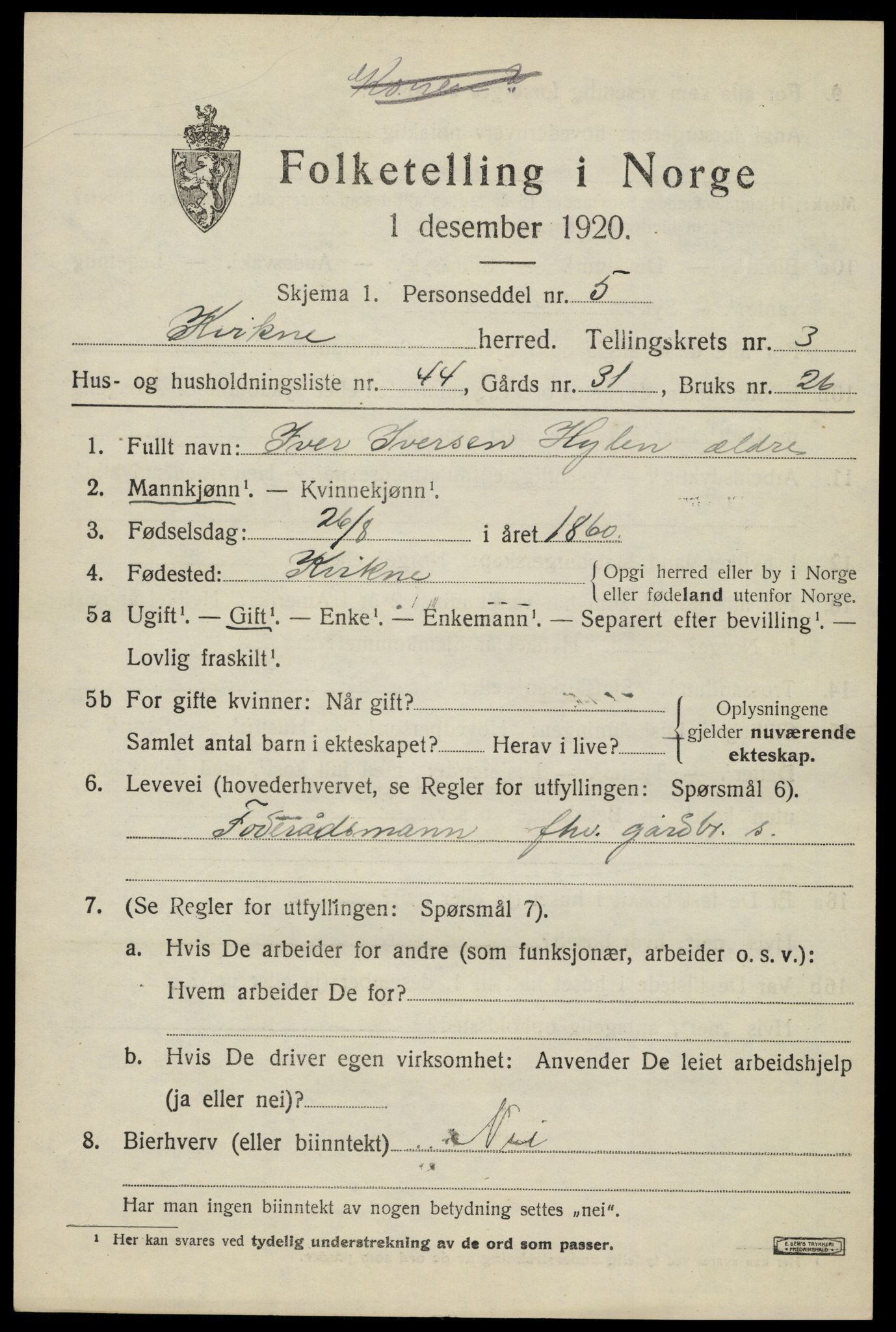 SAH, 1920 census for Kvikne, 1920, p. 1610