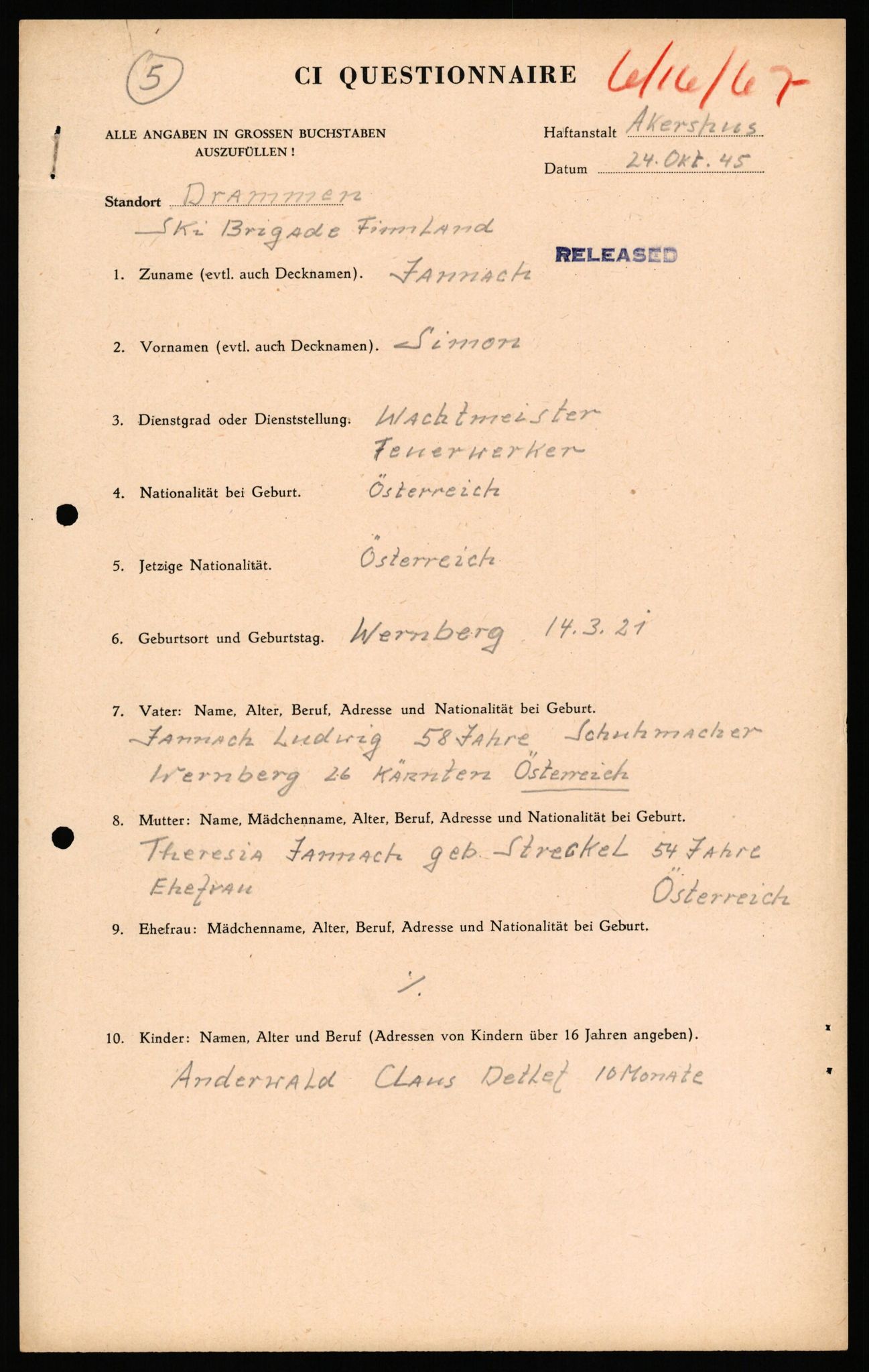 Forsvaret, Forsvarets overkommando II, AV/RA-RAFA-3915/D/Db/L0039: CI Questionaires. Tyske okkupasjonsstyrker i Norge. Østerrikere., 1945-1946, p. 108