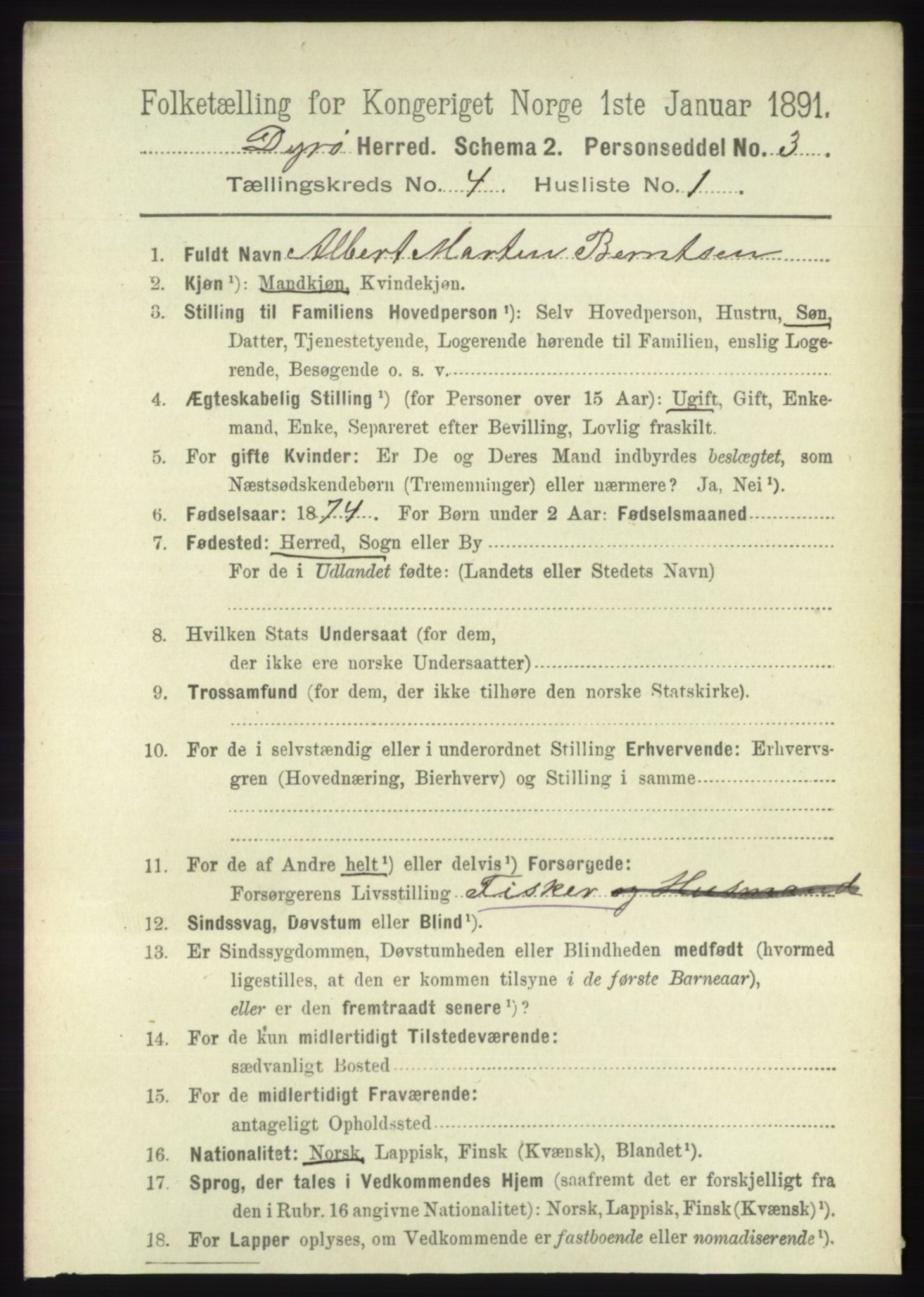 RA, 1891 census for 1926 Dyrøy, 1891, p. 1507