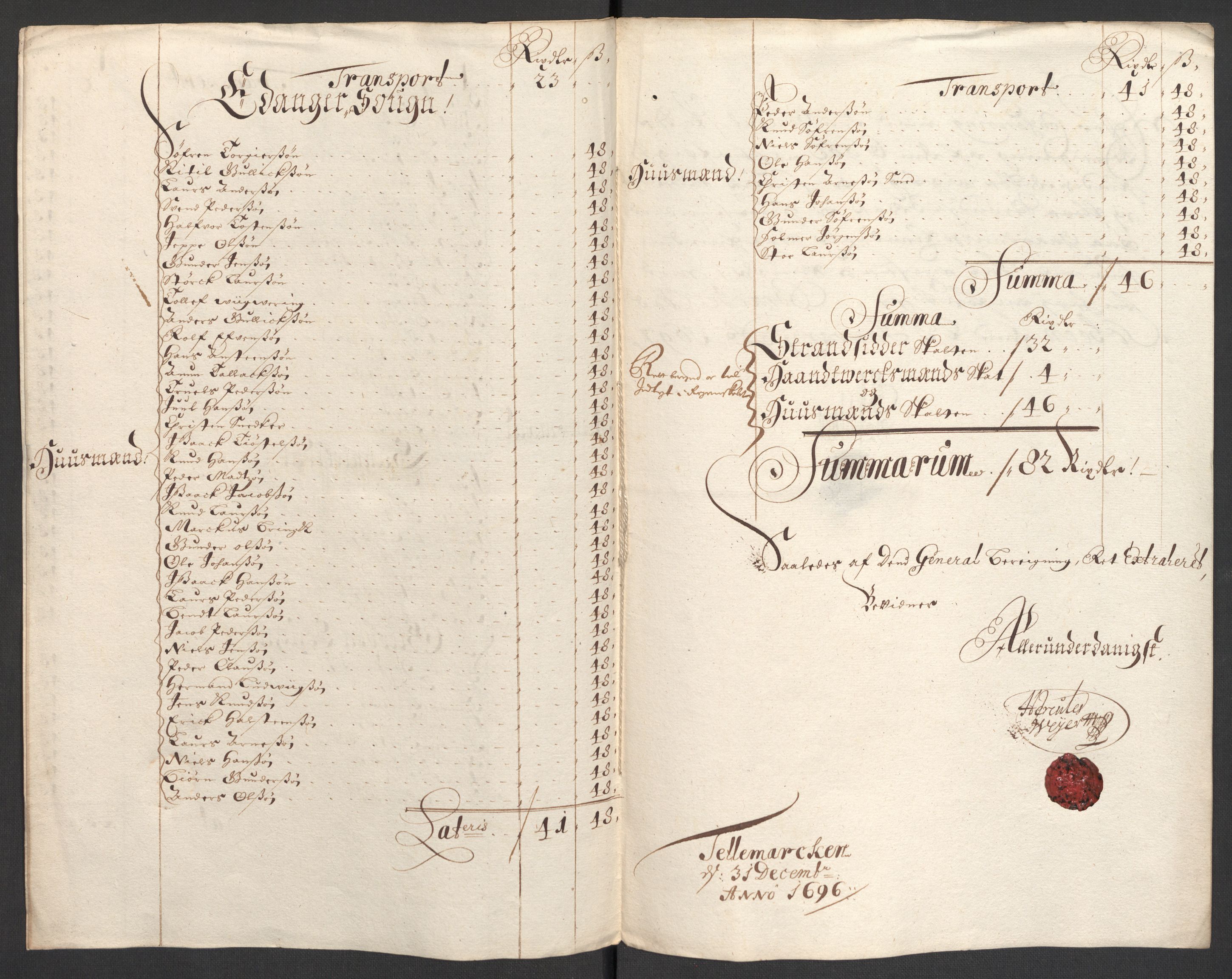 Rentekammeret inntil 1814, Reviderte regnskaper, Fogderegnskap, RA/EA-4092/R36/L2095: Fogderegnskap Øvre og Nedre Telemark og Bamble, 1696, p. 141
