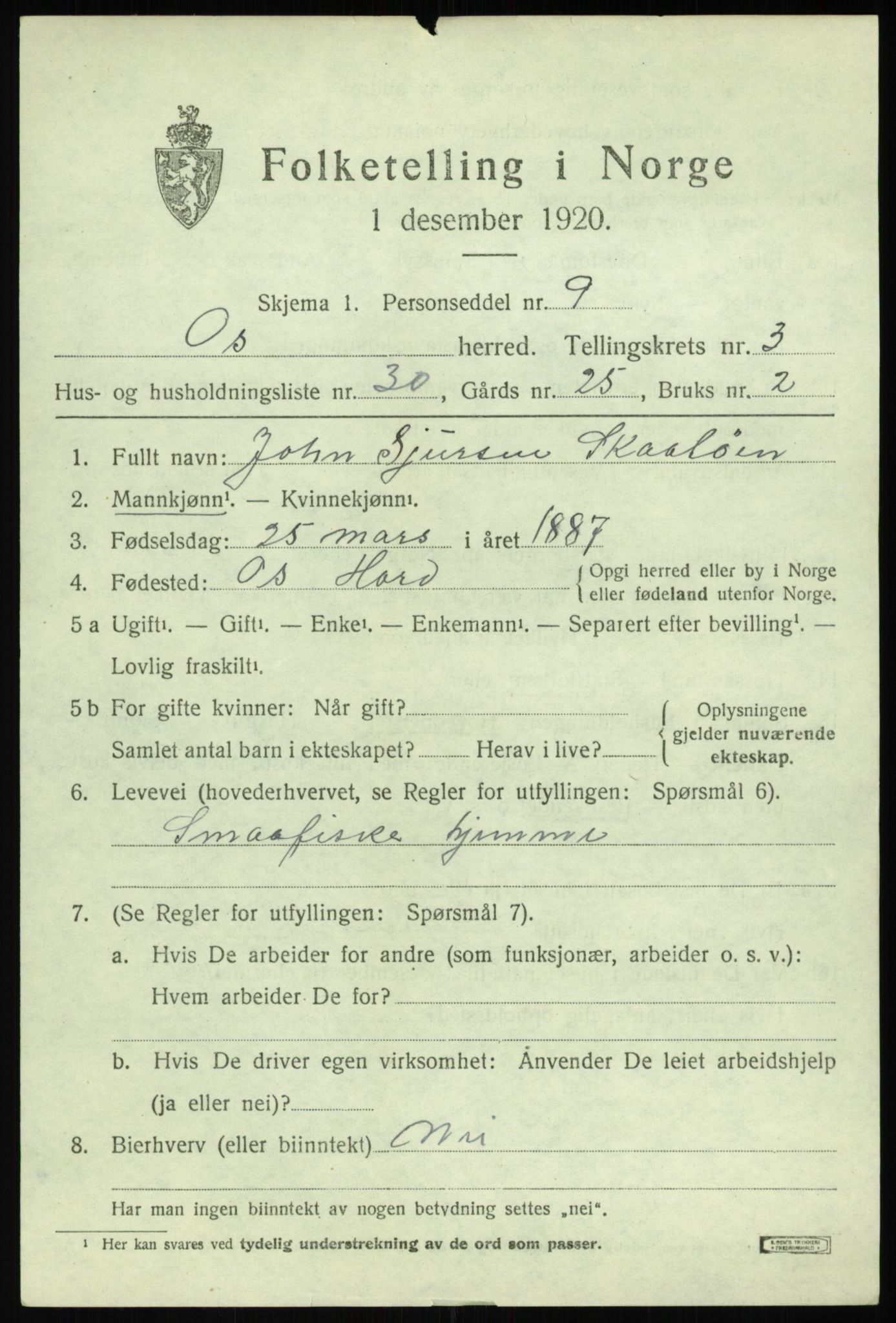 SAB, 1920 census for Os, 1920, p. 2948