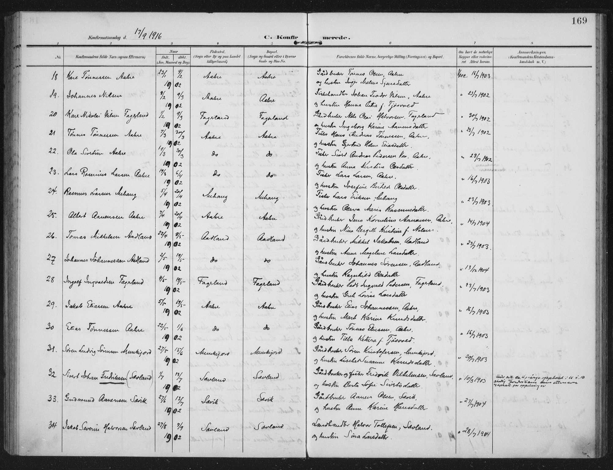 Kopervik sokneprestkontor, AV/SAST-A-101850/H/Ha/Haa/L0005: Parish register (official) no. A 5, 1906-1924, p. 169