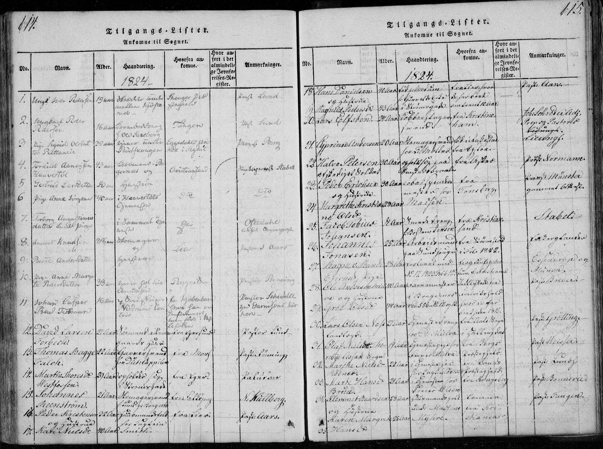 Bragernes kirkebøker, AV/SAKO-A-6/F/Fa/L0007: Parish register (official) no. I 7, 1815-1829, p. 614-615