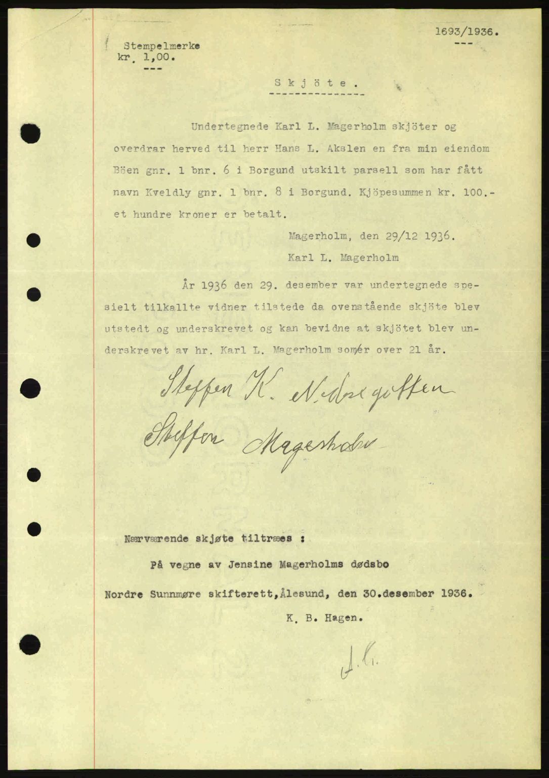 Nordre Sunnmøre sorenskriveri, AV/SAT-A-0006/1/2/2C/2Ca: Mortgage book no. A2, 1936-1937, Diary no: : 1693/1936