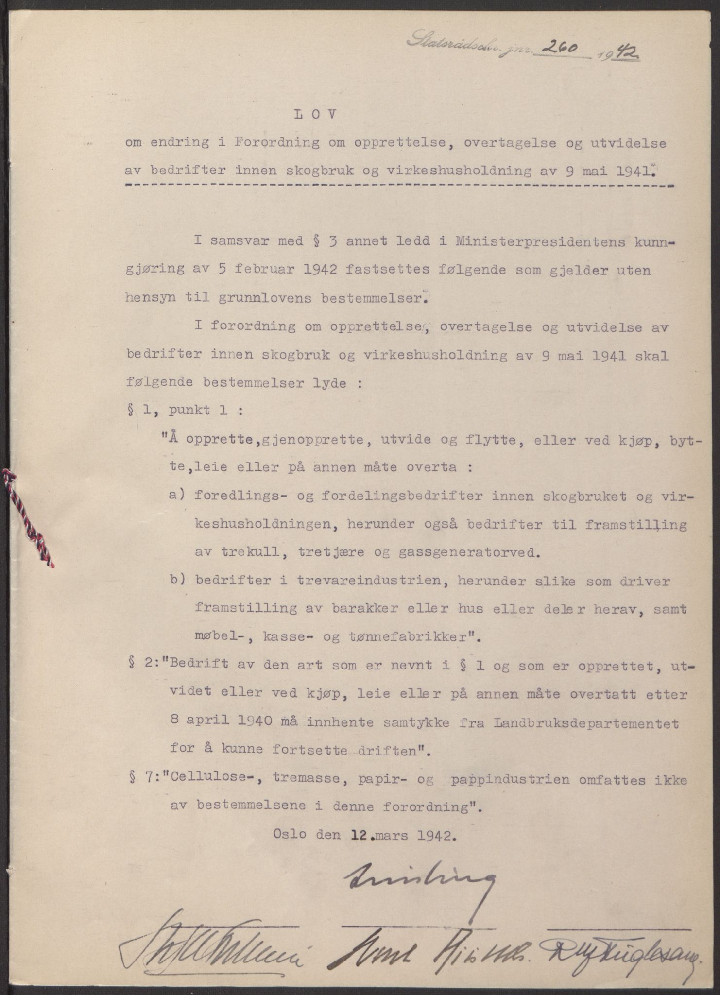NS-administrasjonen 1940-1945 (Statsrådsekretariatet, de kommisariske statsråder mm), RA/S-4279/D/Db/L0097: Lover I, 1942, p. 138