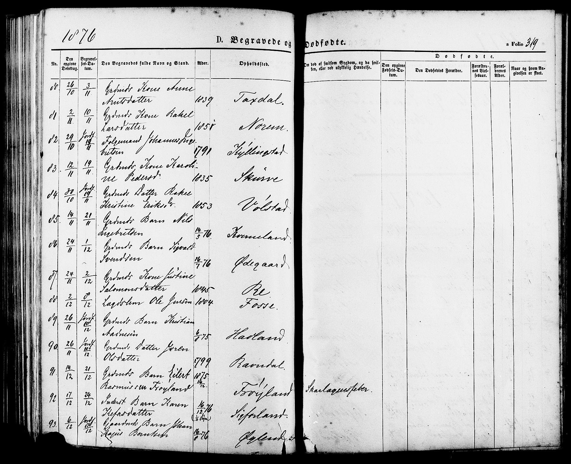 Lye sokneprestkontor, AV/SAST-A-101794/001/30BA/L0008: Parish register (official) no. A 7, 1872-1881, p. 319