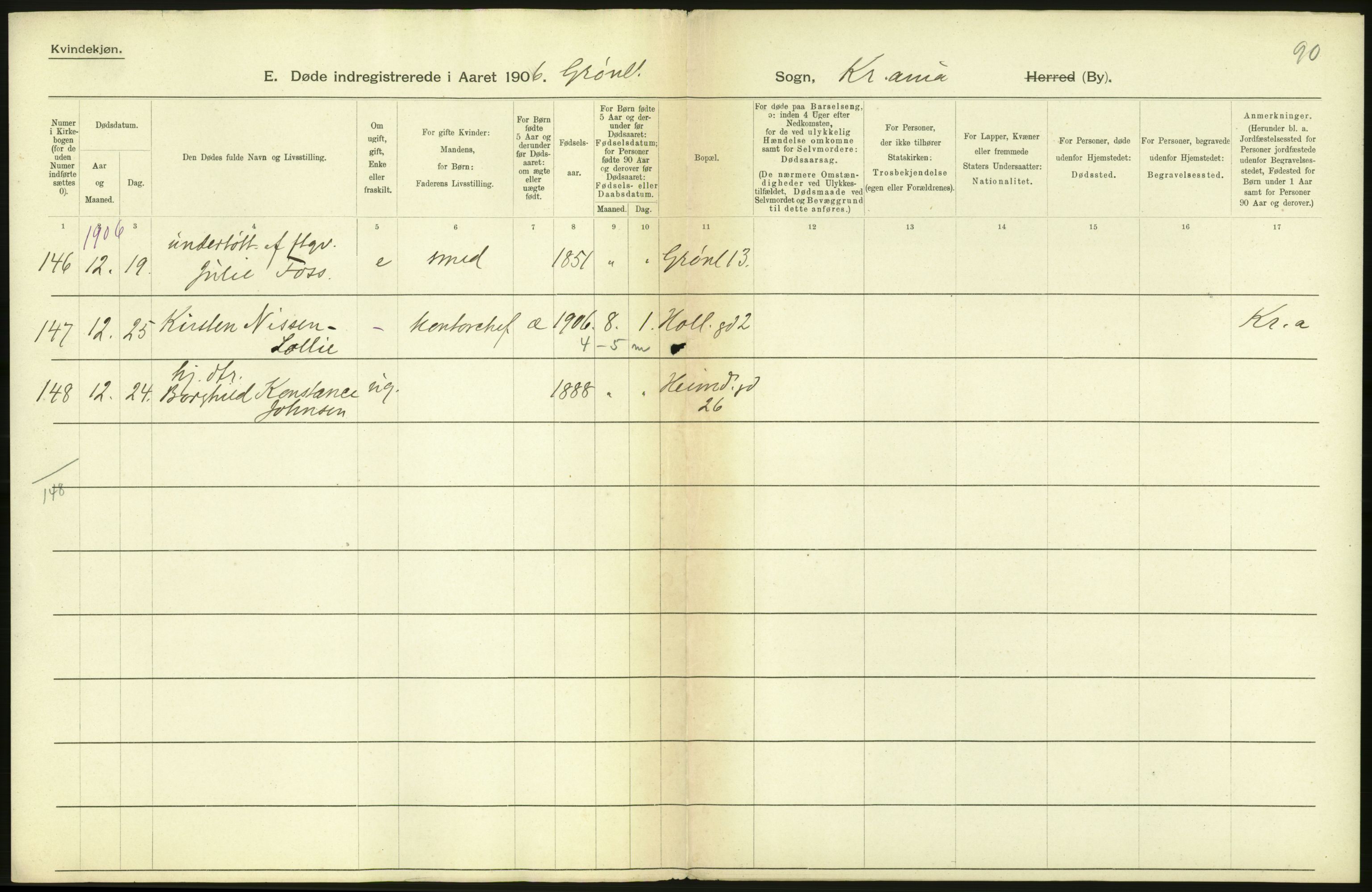 Statistisk sentralbyrå, Sosiodemografiske emner, Befolkning, AV/RA-S-2228/D/Df/Dfa/Dfad/L0009: Kristiania: Døde, 1906, p. 2