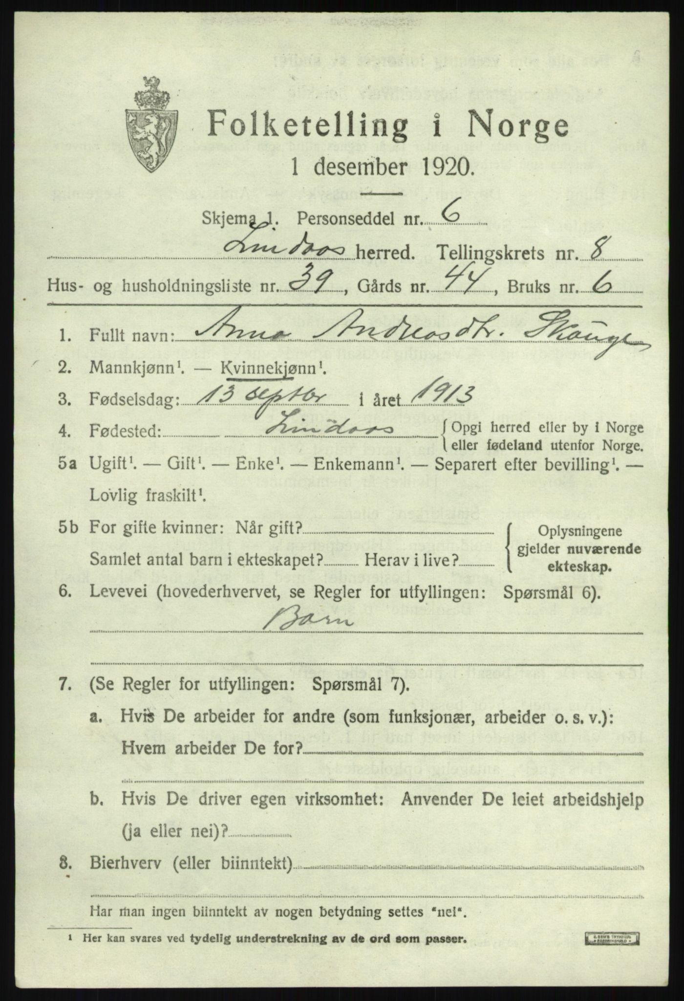 SAB, 1920 census for Lindås, 1920, p. 4777