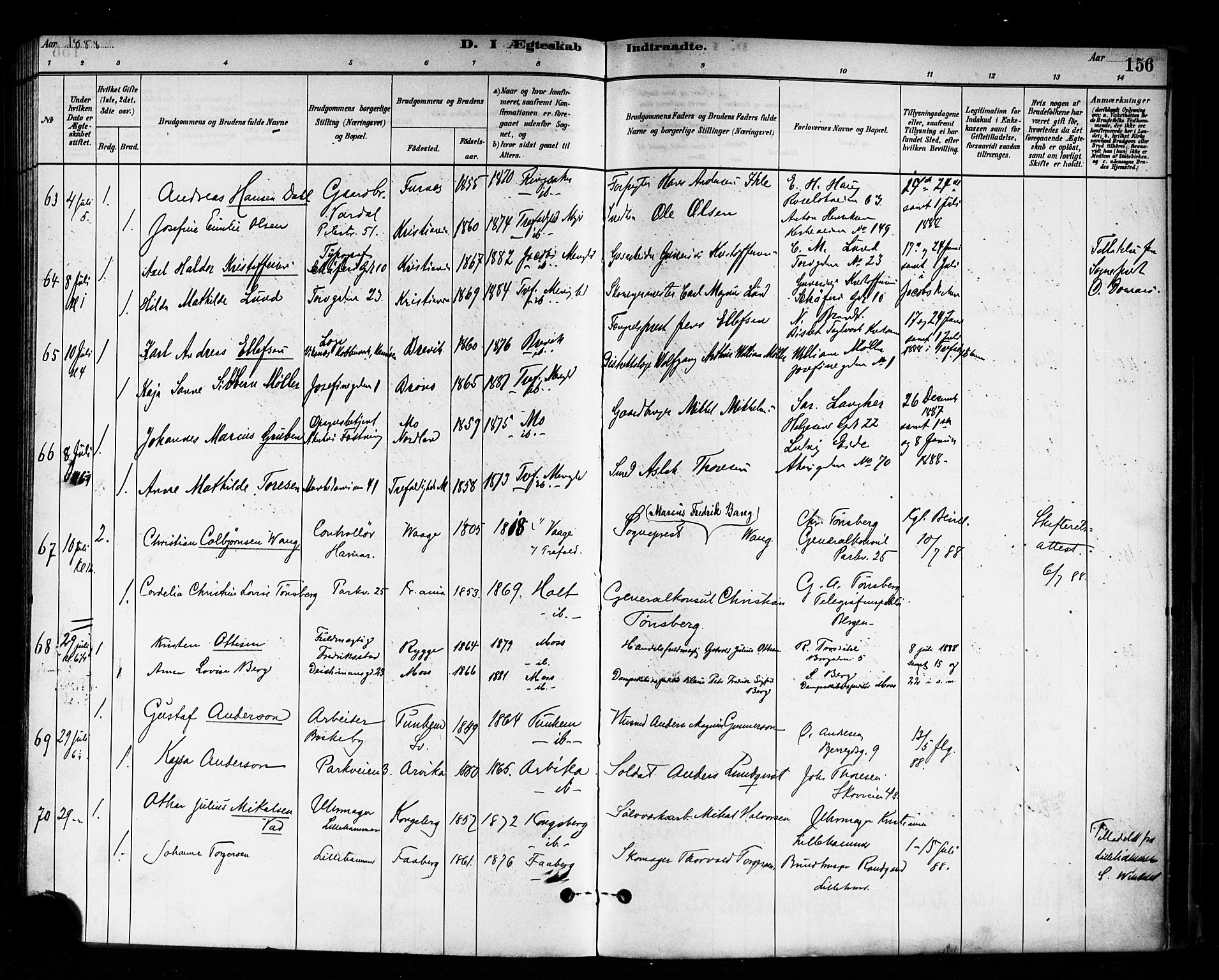 Trefoldighet prestekontor Kirkebøker, SAO/A-10882/F/Fc/L0003: Parish register (official) no. III 3, 1881-1891, p. 156