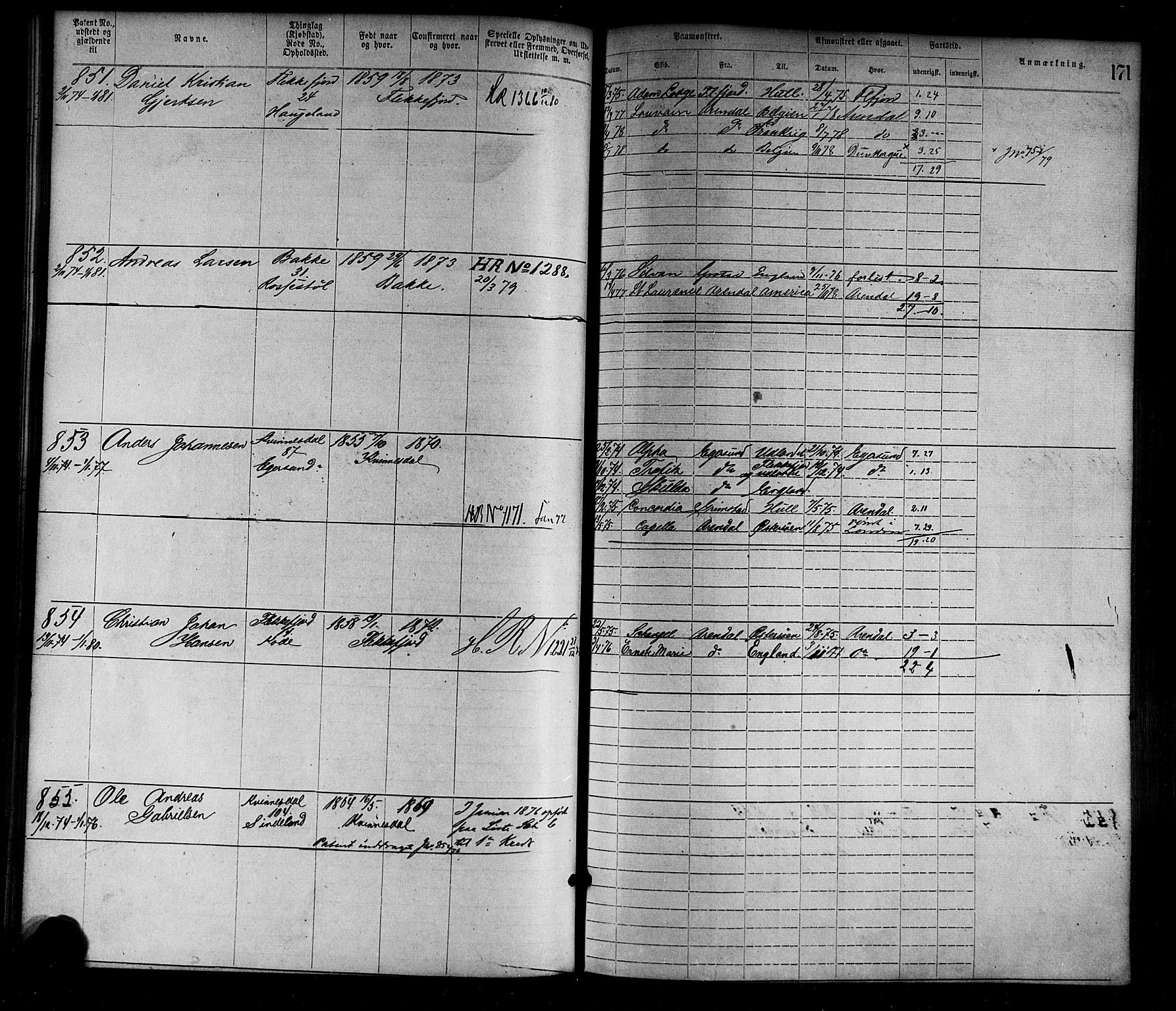 Flekkefjord mønstringskrets, SAK/2031-0018/F/Fa/L0002: Annotasjonsrulle nr 1-1920 med register, N-2, 1870-1891, p. 196