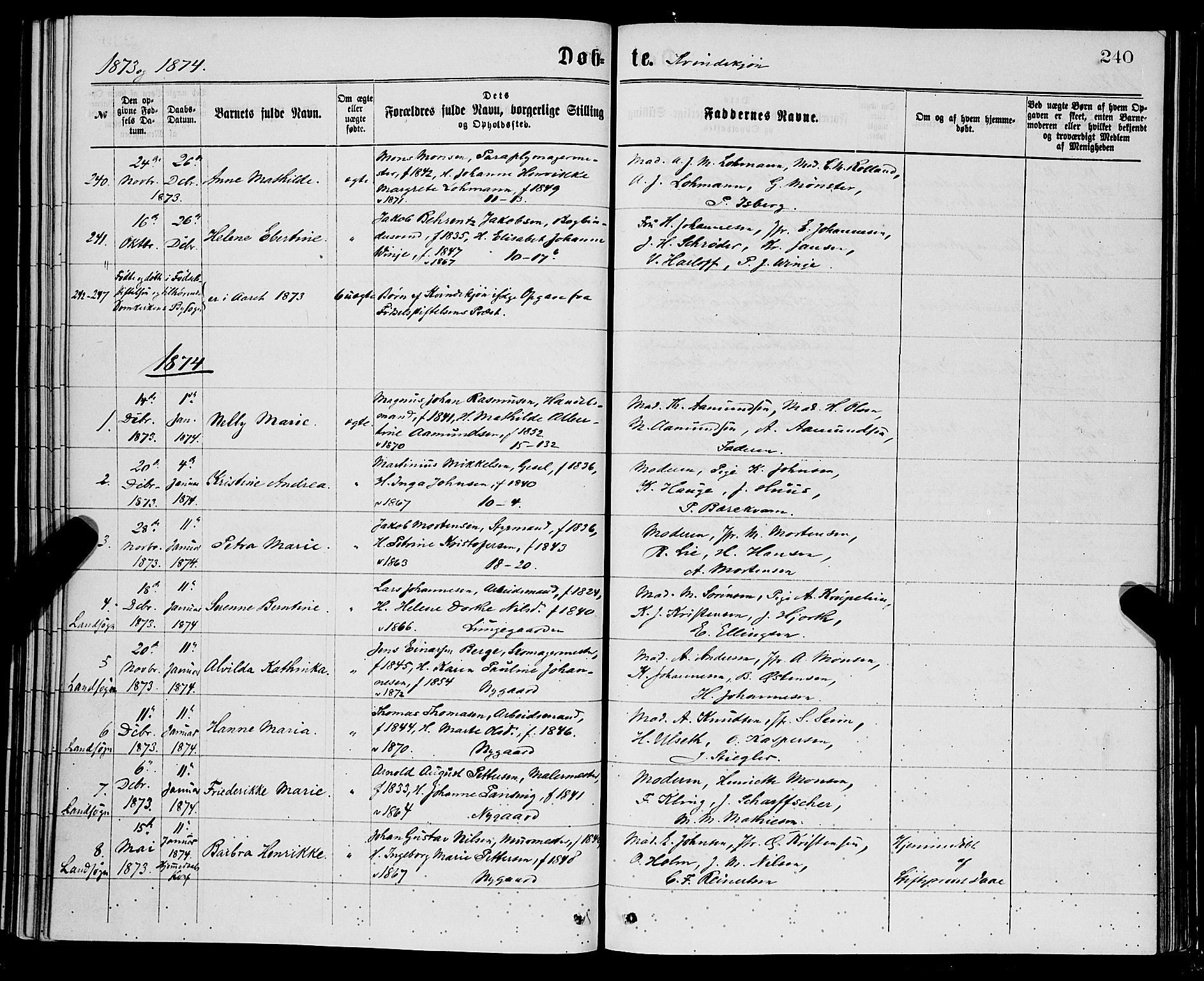 Domkirken sokneprestembete, SAB/A-74801/H/Hab/L0013: Parish register (copy) no. B 6, 1869-1876, p. 240
