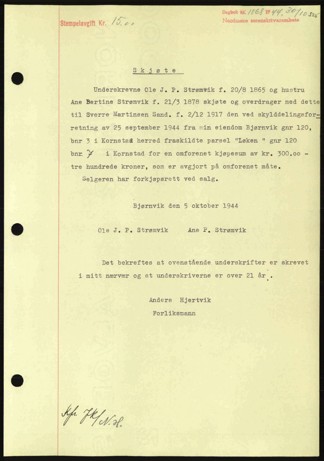 Nordmøre sorenskriveri, AV/SAT-A-4132/1/2/2Ca: Mortgage book no. A98, 1944-1944, Diary no: : 1868/1944