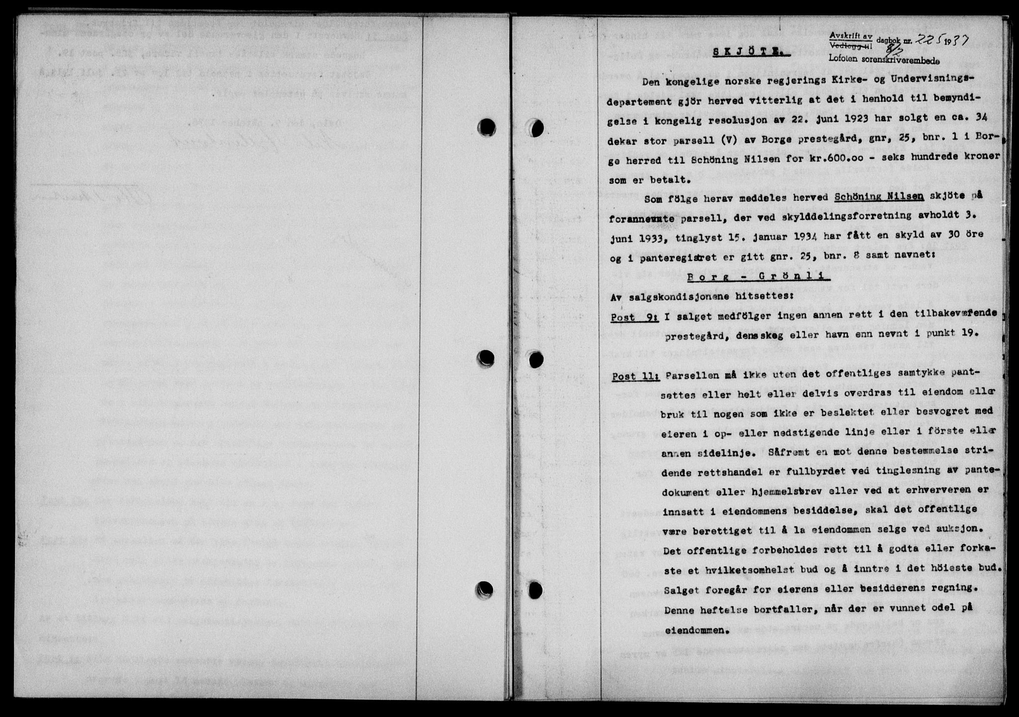 Lofoten sorenskriveri, SAT/A-0017/1/2/2C/L0001a: Mortgage book no. 1a, 1936-1937, Diary no: : 225/1937