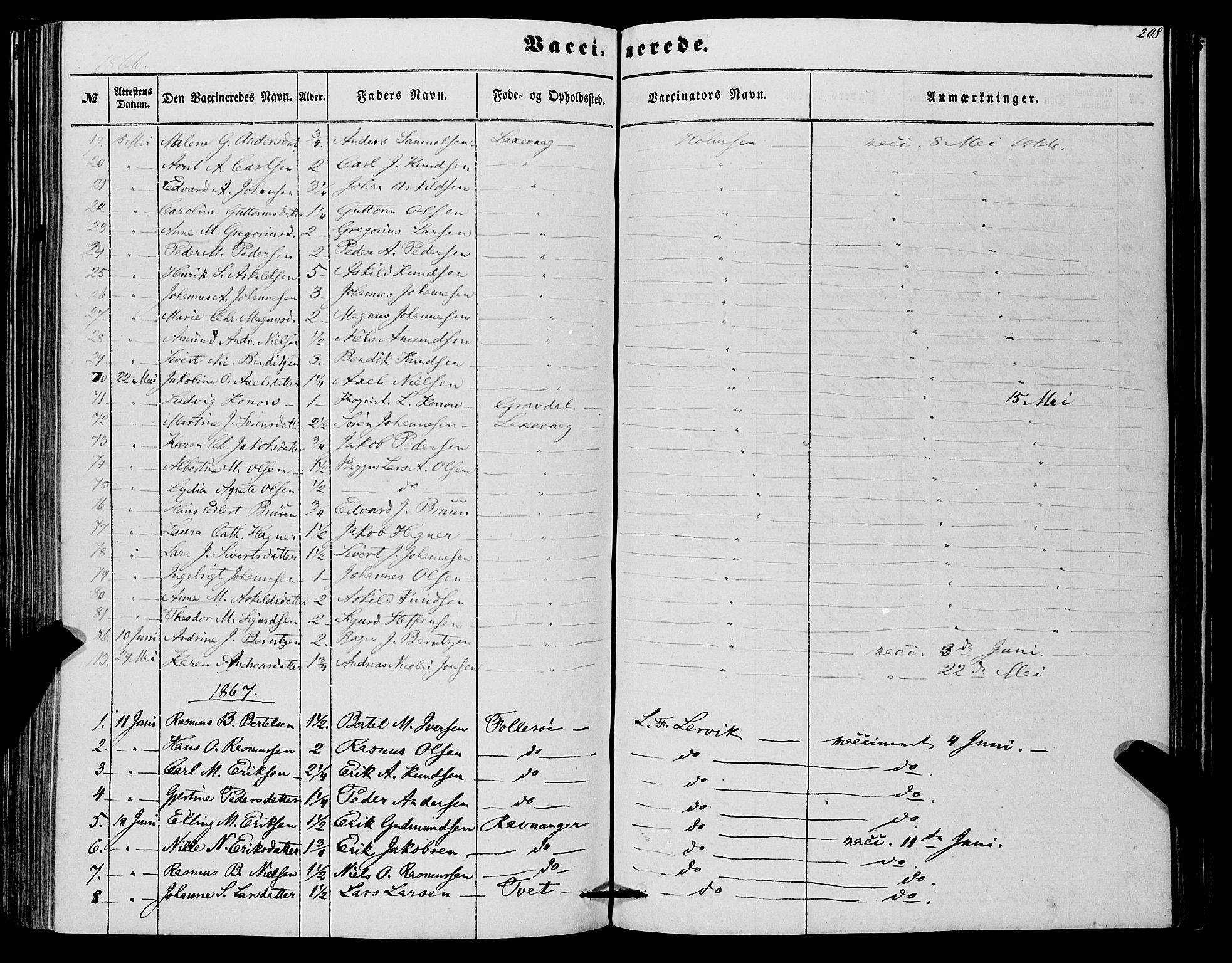 Askøy Sokneprestembete, SAB/A-74101/H/Ha/Haa/Haaa/L0012: Parish register (official) no. A 12, 1855-1877, p. 208