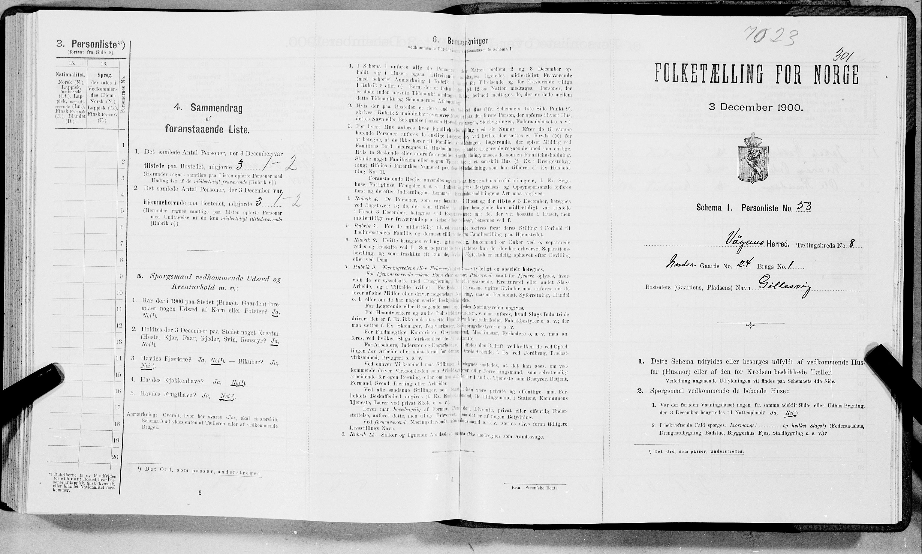 SAT, 1900 census for Vågan, 1900, p. 1189