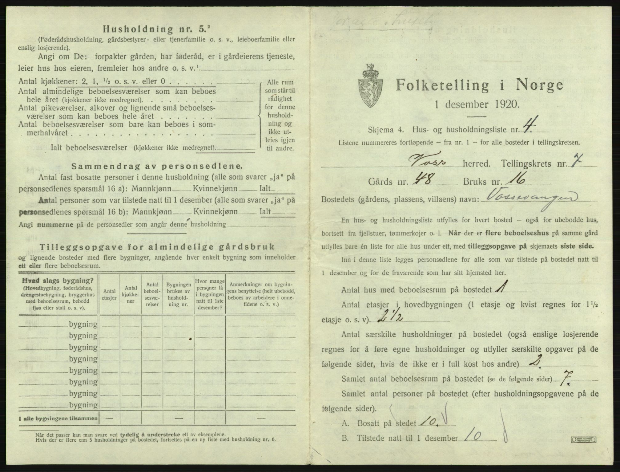 SAB, 1920 census for Voss, 1920, p. 637