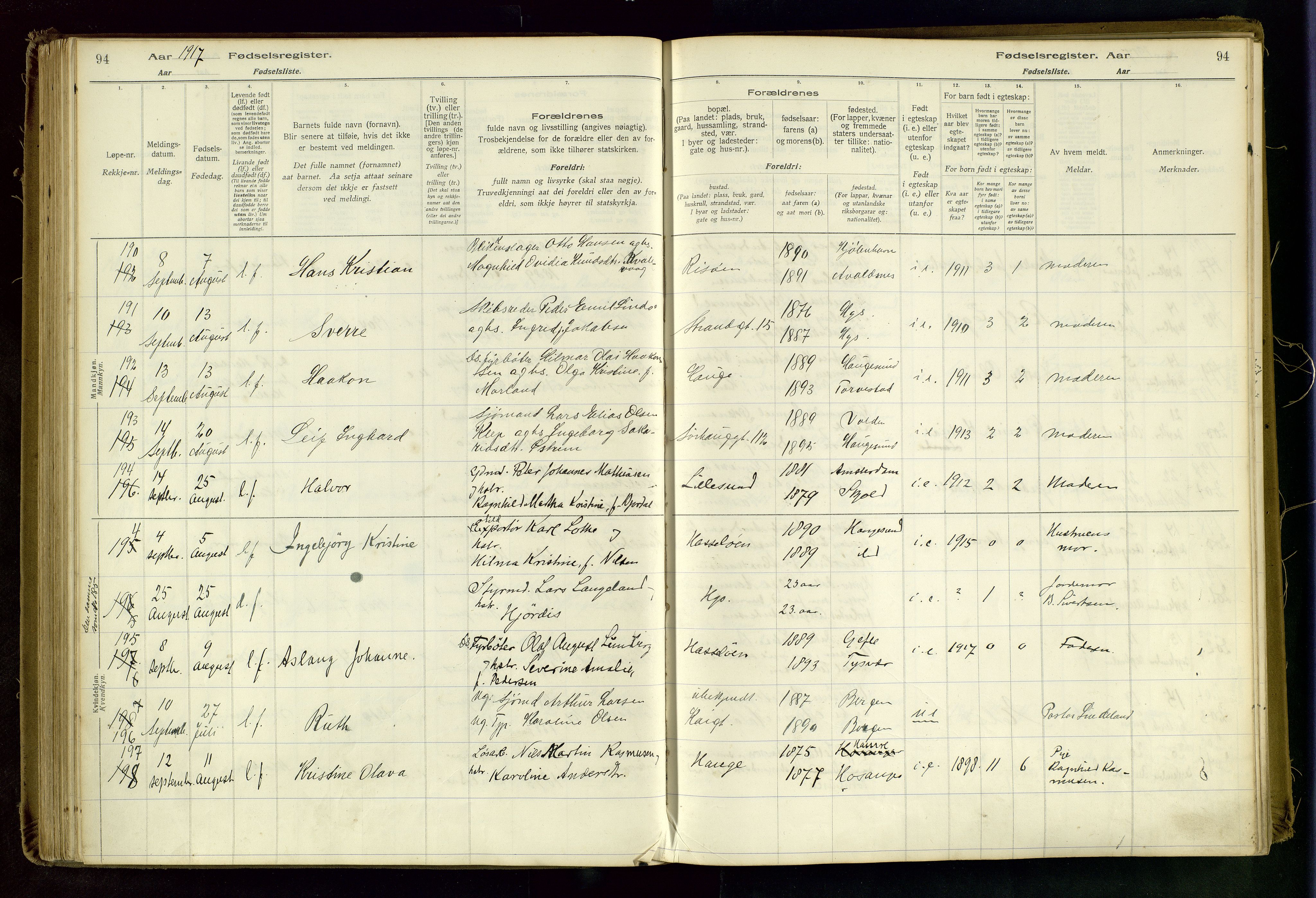 Haugesund sokneprestkontor, AV/SAST-A -101863/I/Id/L0003: Birth register no. 1, 1916-1919, p. 94