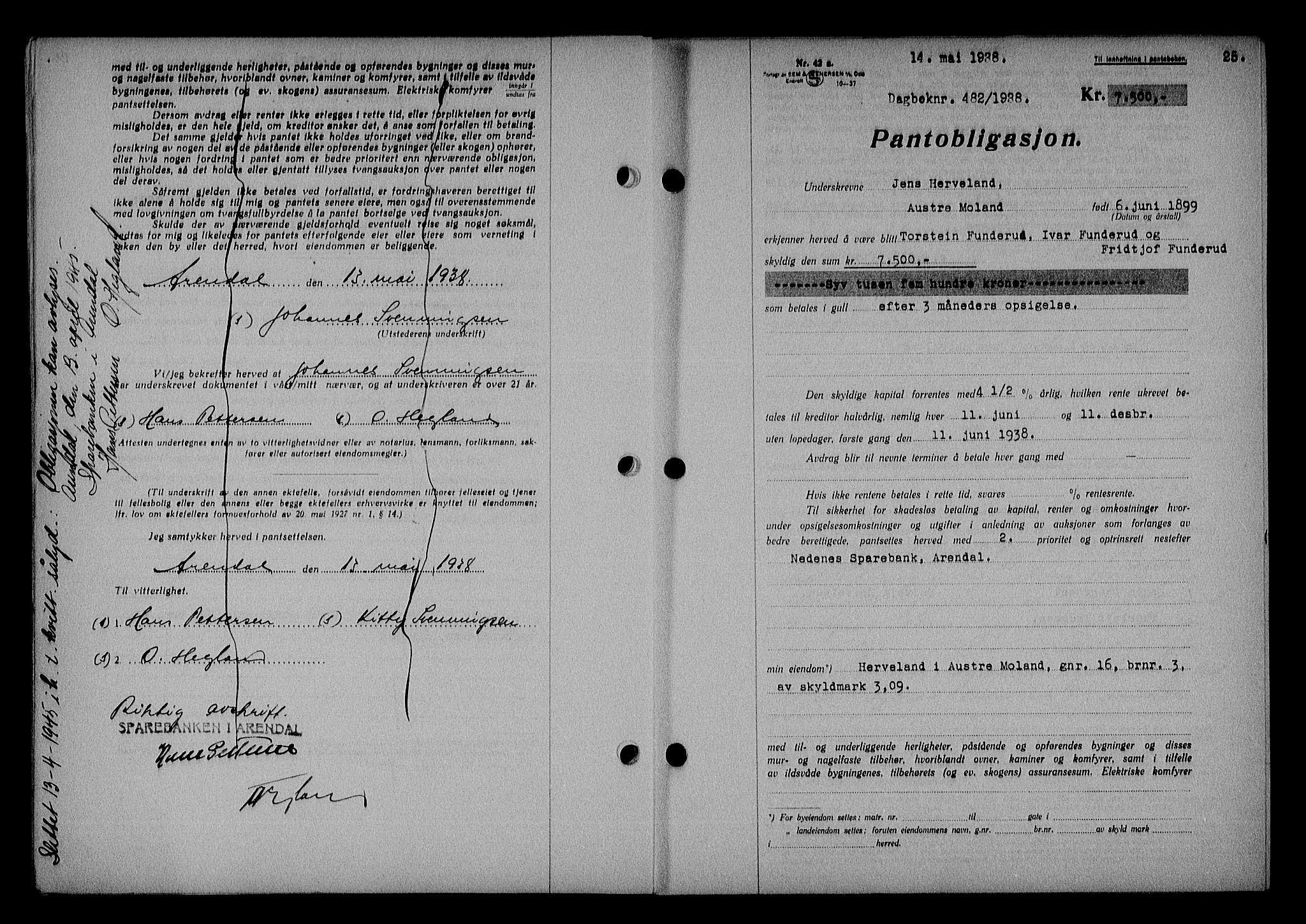 Nedenes sorenskriveri, SAK/1221-0006/G/Gb/Gba/L0045: Mortgage book no. 41, 1938-1938, Diary no: : 482/1938