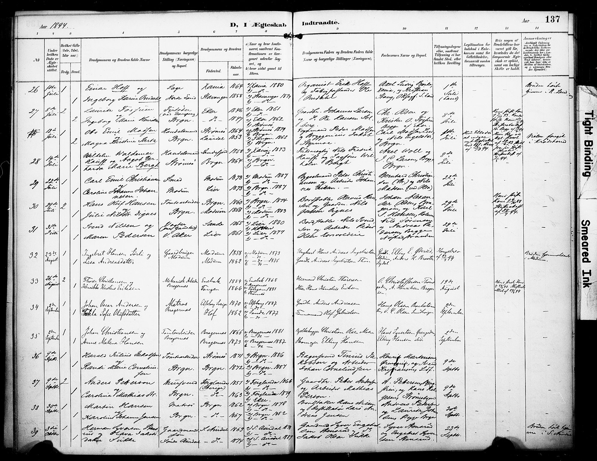 Bragernes kirkebøker, AV/SAKO-A-6/F/Fc/L0006: Parish register (official) no. III 6, 1888-1899, p. 137