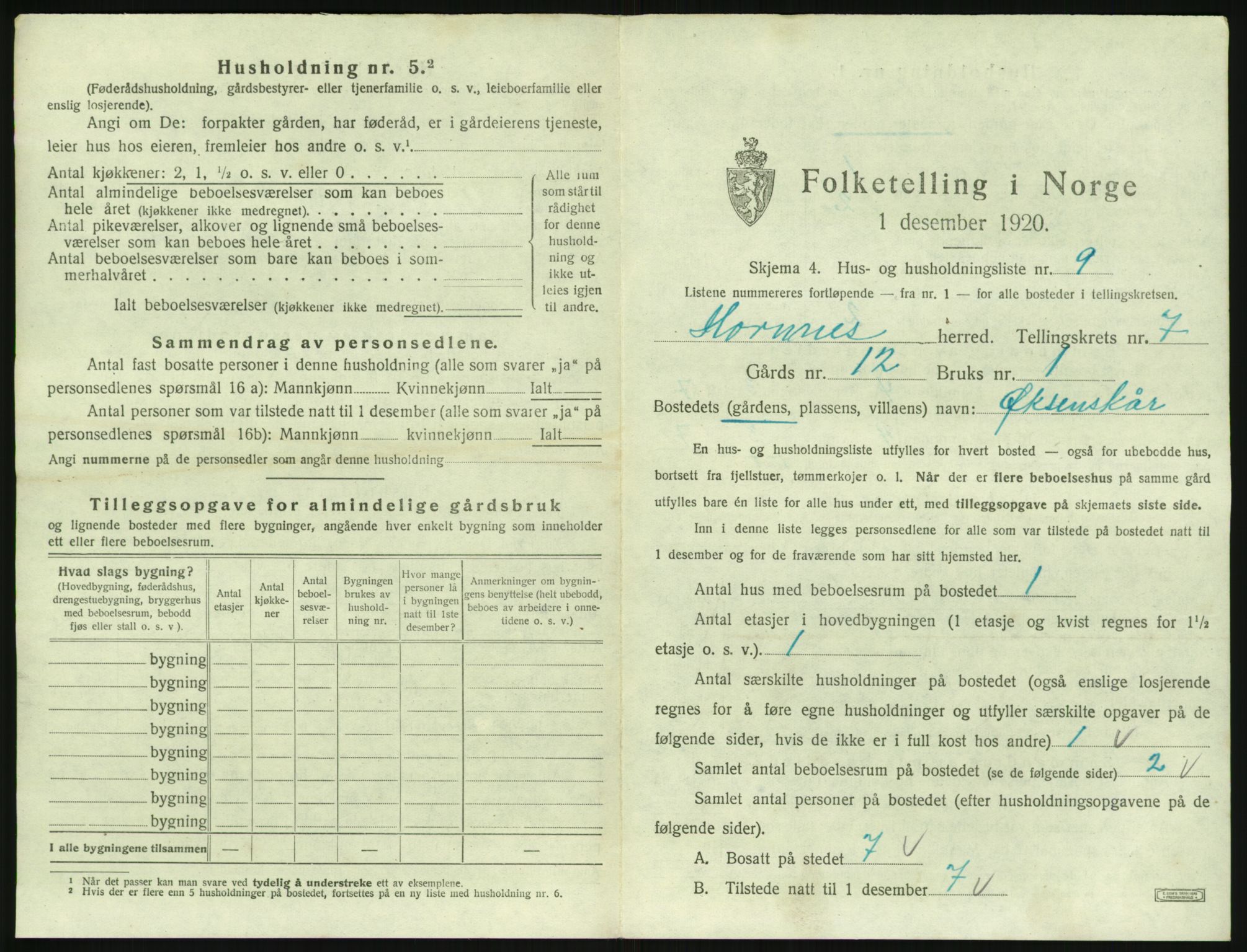 SAK, 1920 census for Hornnes, 1920, p. 279