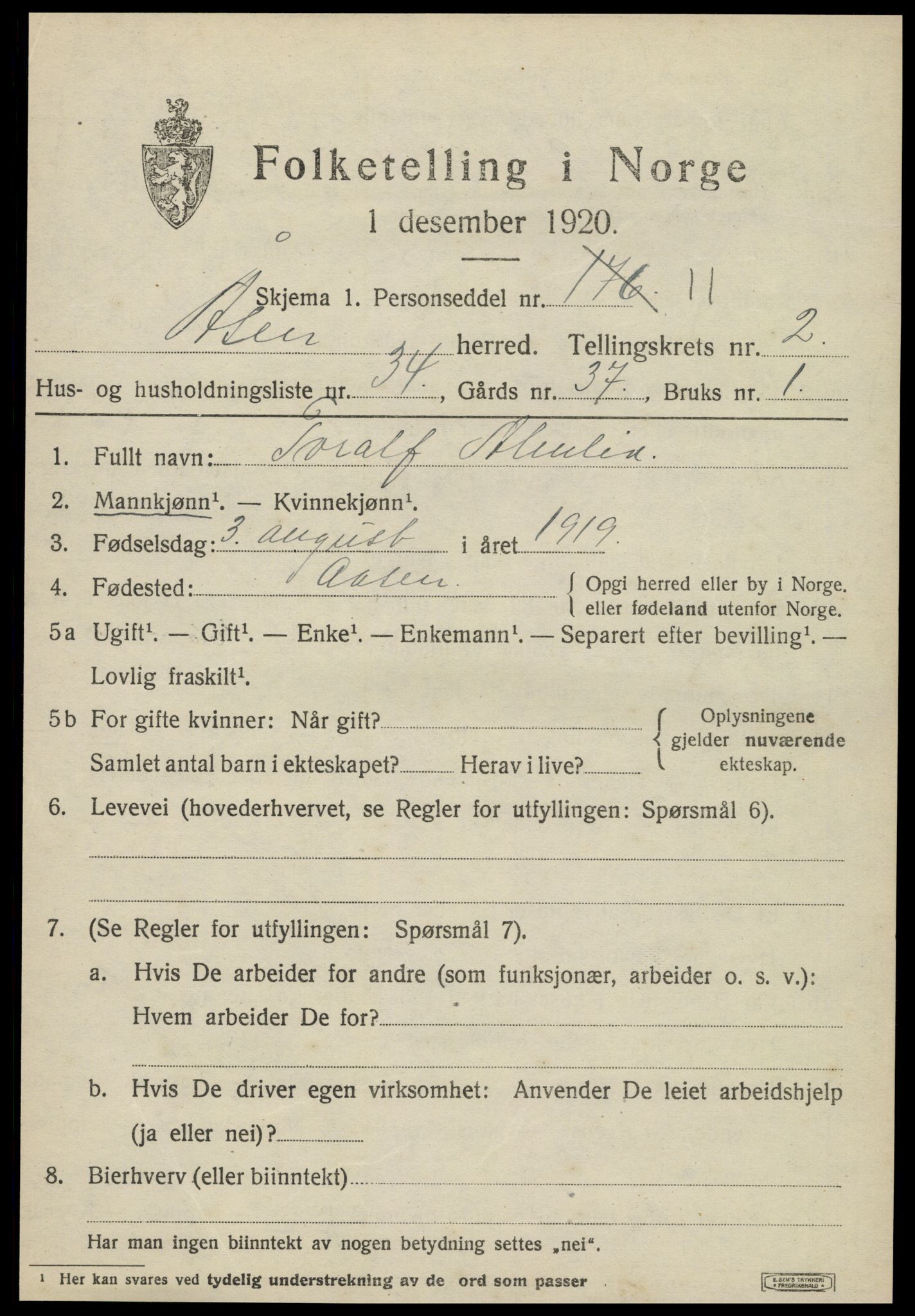 SAT, 1920 census for Åsen, 1920, p. 2058