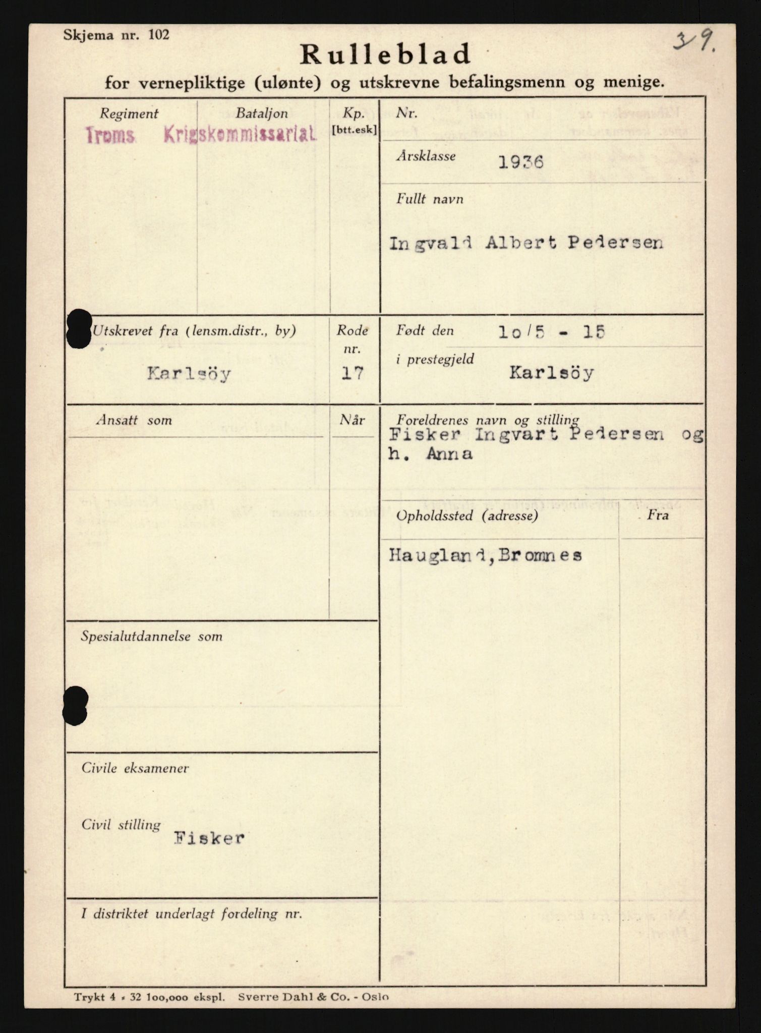 Forsvaret, Troms infanteriregiment nr. 16, AV/RA-RAFA-3146/P/Pa/L0020: Rulleblad for regimentets menige mannskaper, årsklasse 1936, 1936, p. 1109