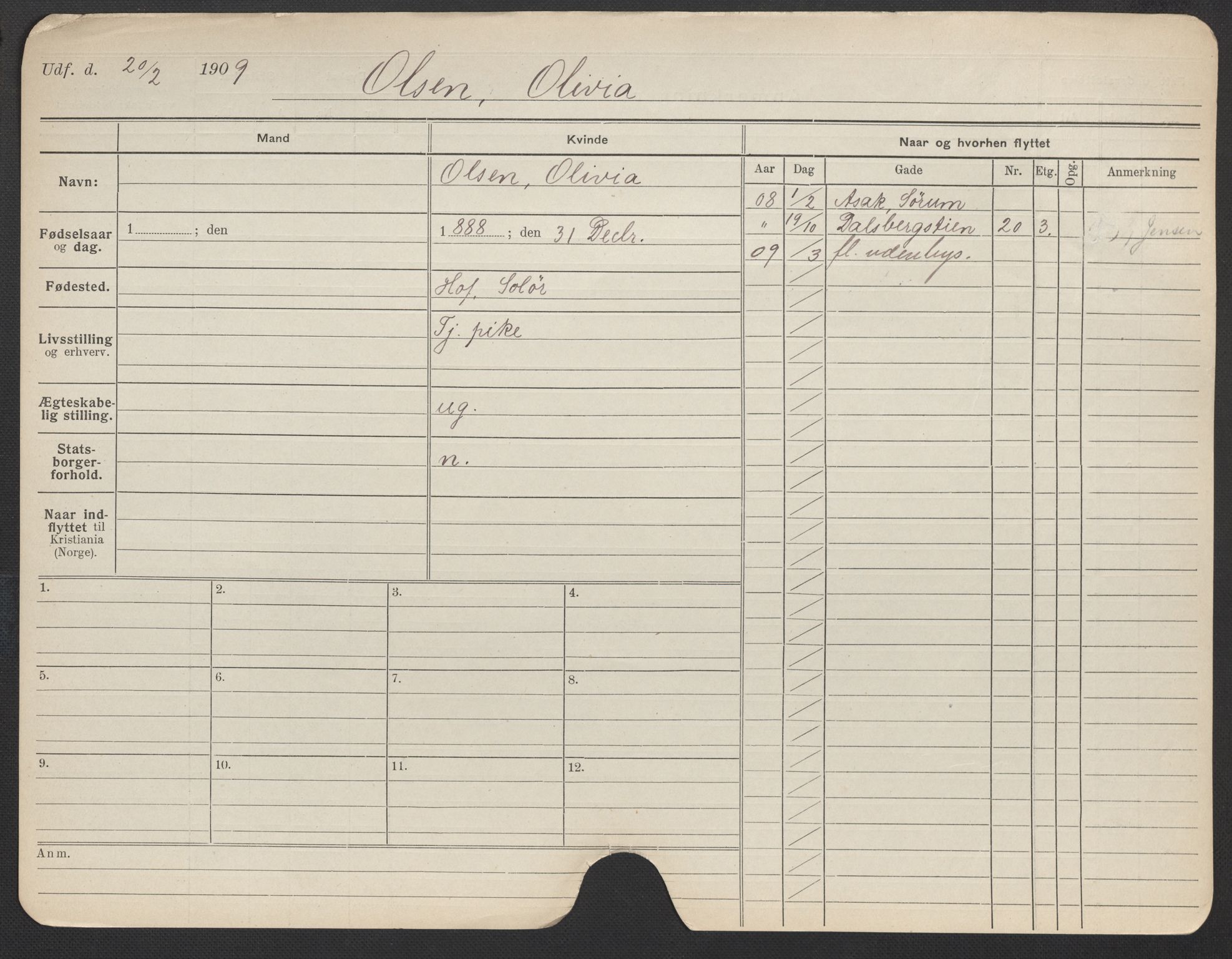 Oslo folkeregister, Registerkort, AV/SAO-A-11715/F/Fa/Fac/L0022: Kvinner, 1906-1914, p. 274a