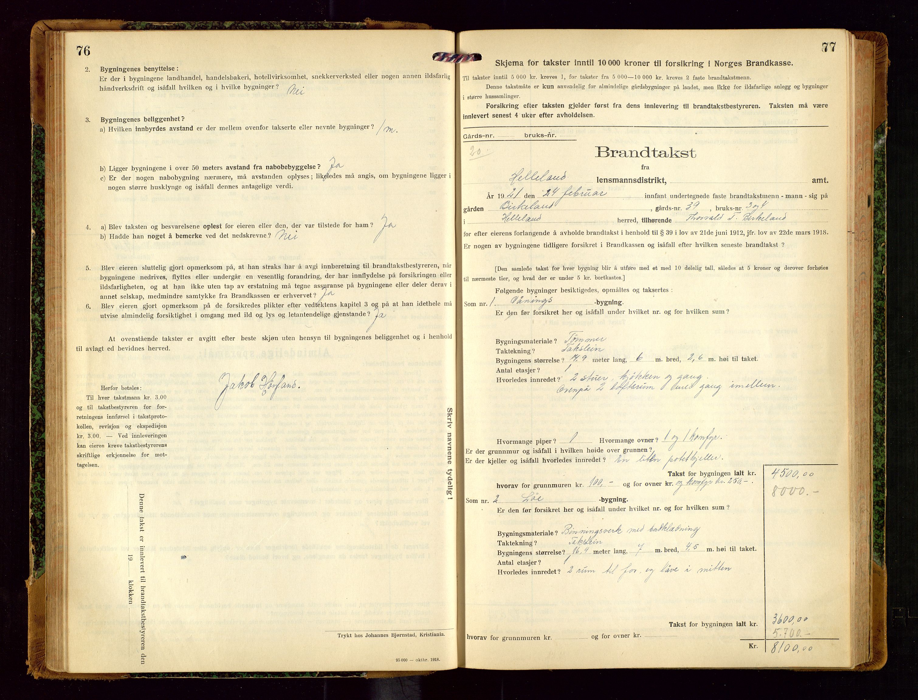 Helleland lensmannskontor, AV/SAST-A-100209/Gob/L0002: "Brandtakstprotokoll", 1921-1930, p. 76-77