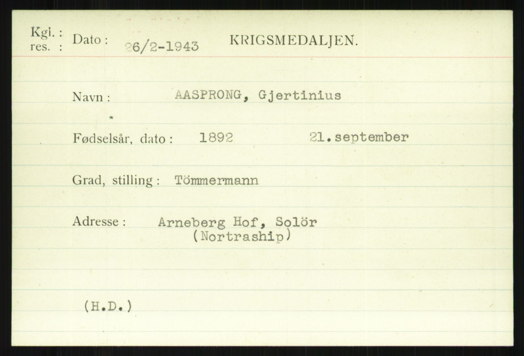 Direktoratet for sjømenn, AV/RA-S-3545/G/Gi/L0009: Kartotek over krigsdekorasjoner tildelt nordmenn under krigen, 1940-1945, p. 1615