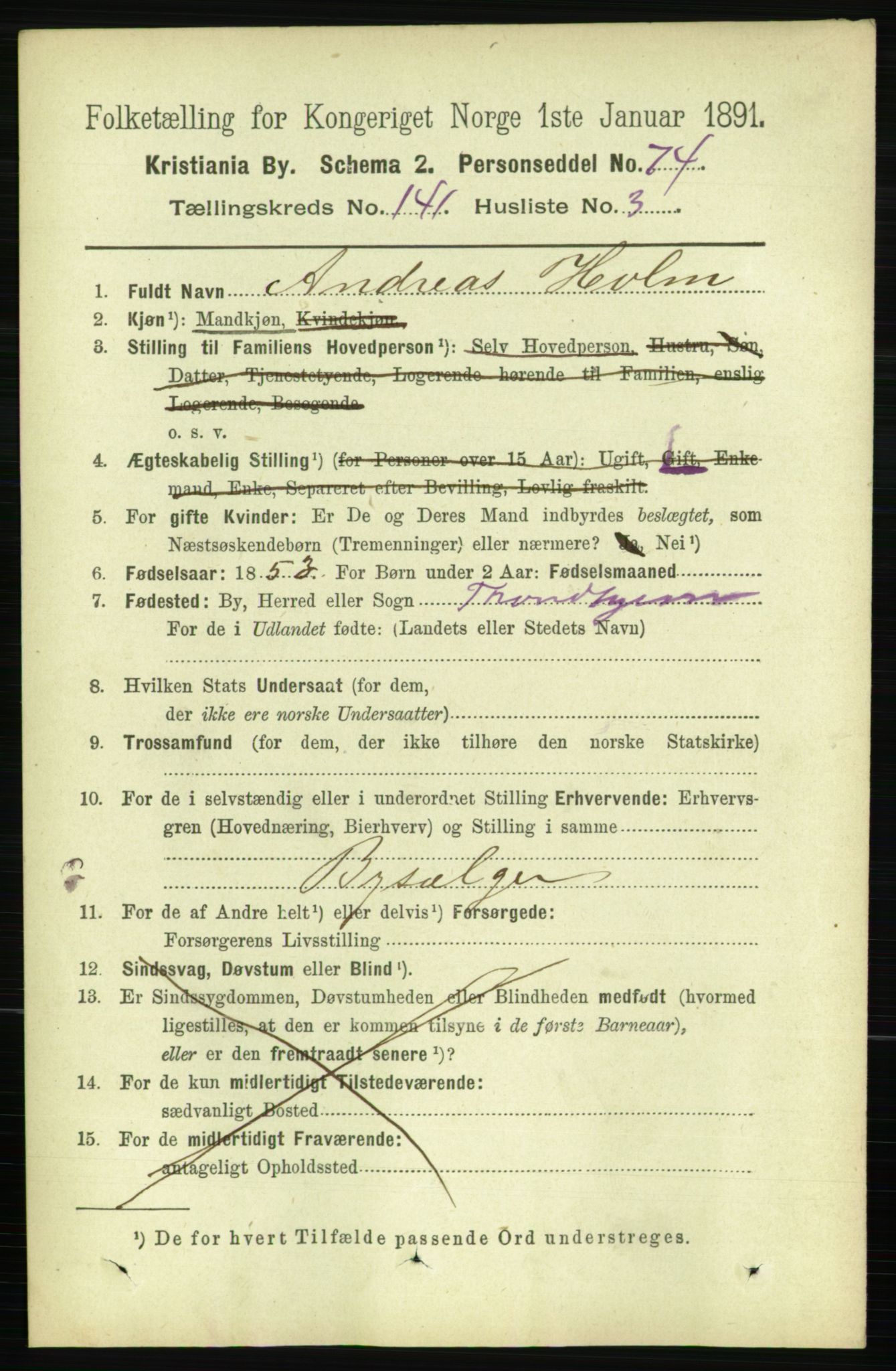 RA, 1891 census for 0301 Kristiania, 1891, p. 78153