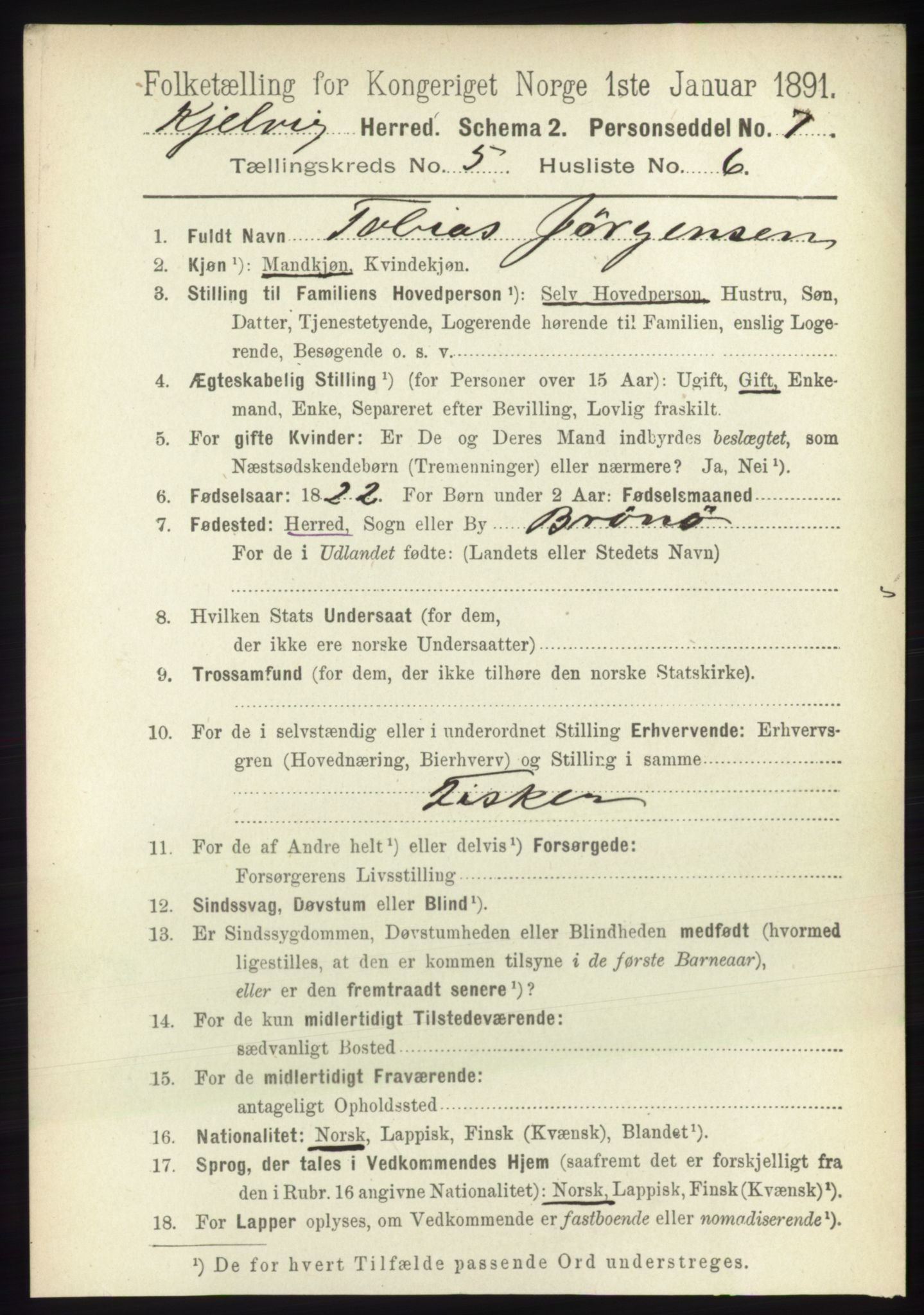 RA, 1891 census for 2019 Kjelvik, 1891, p. 580