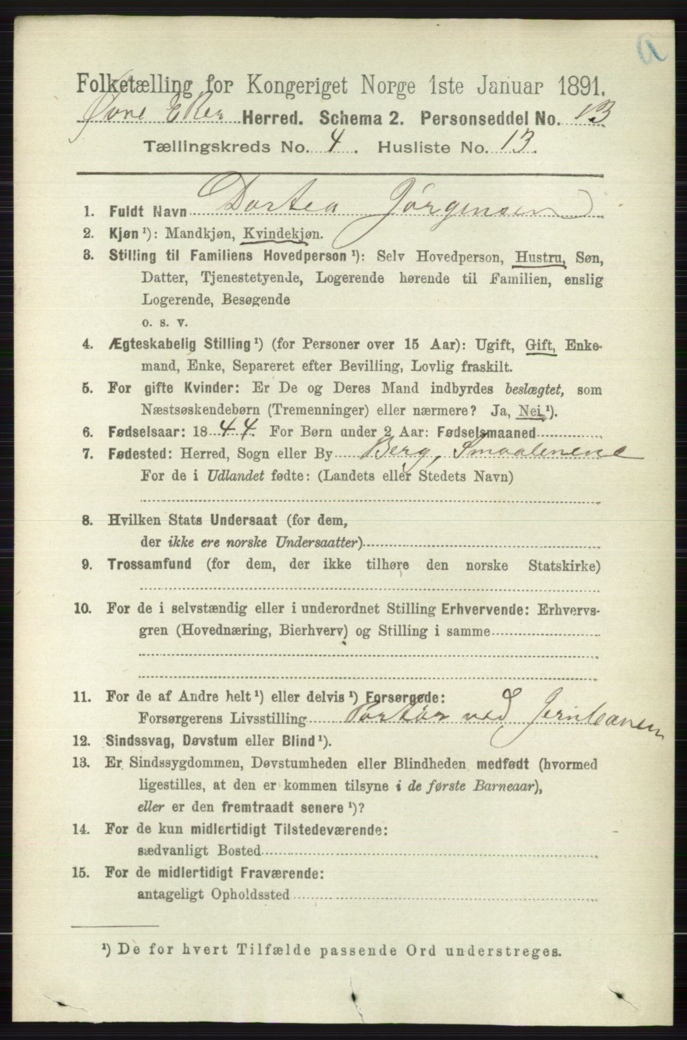 RA, 1891 census for 0624 Øvre Eiker, 1891, p. 1607